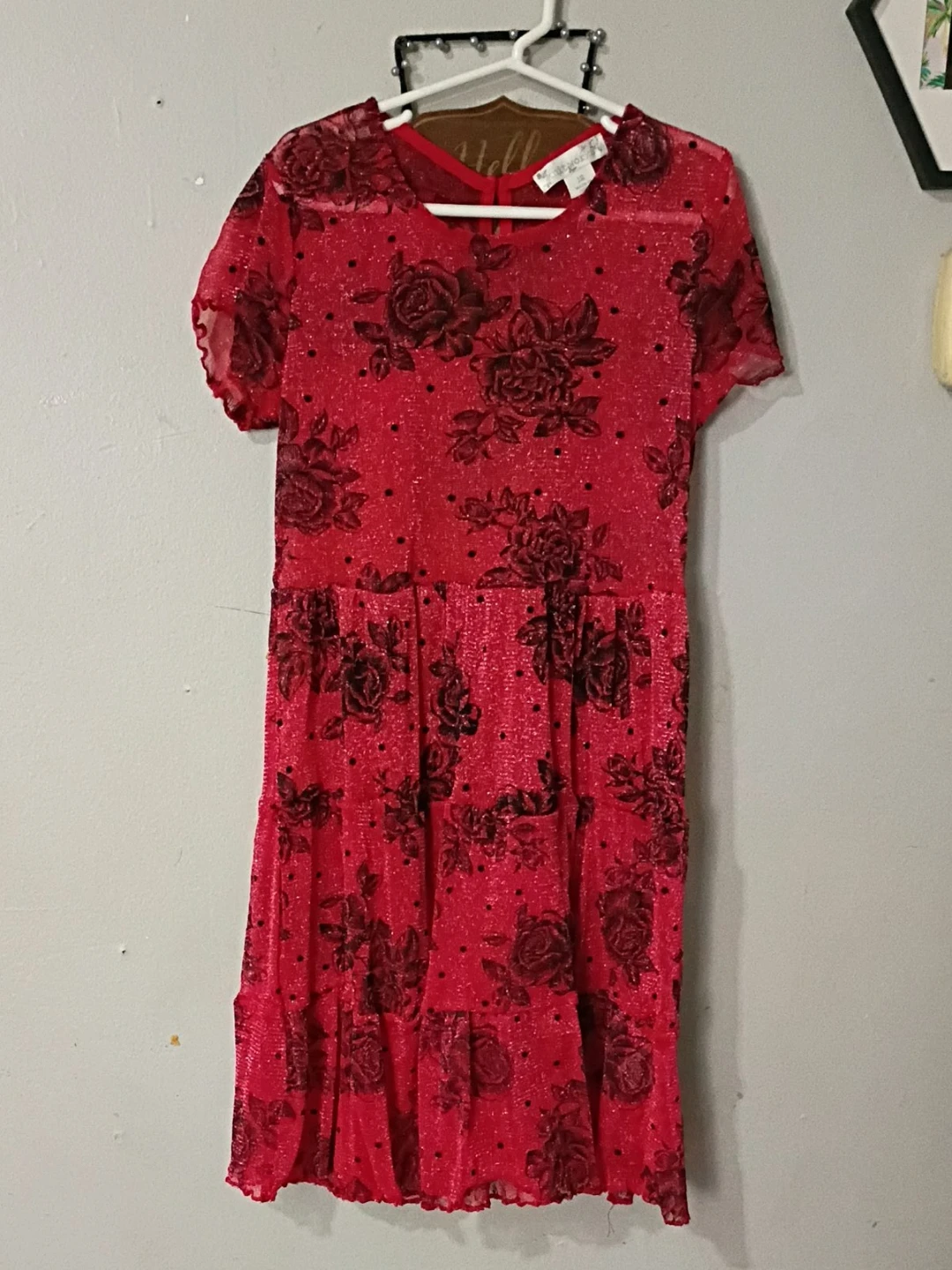 Girls Red Rose Print Sparkle Dress - Size 12