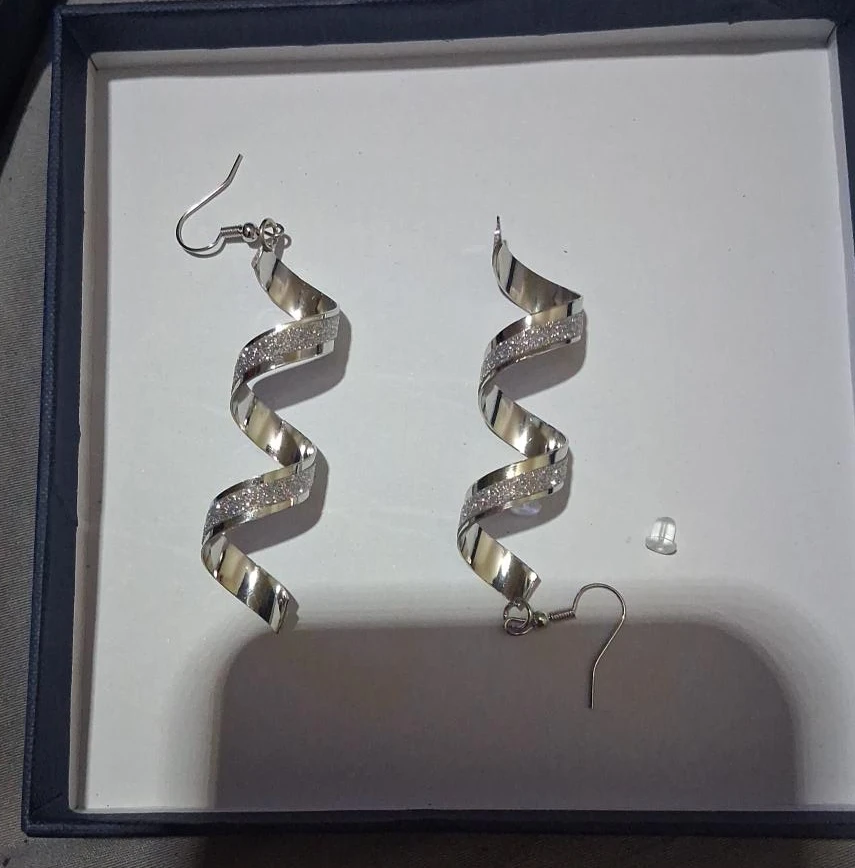 Silver Spiral Dangle Earrings with Glitter