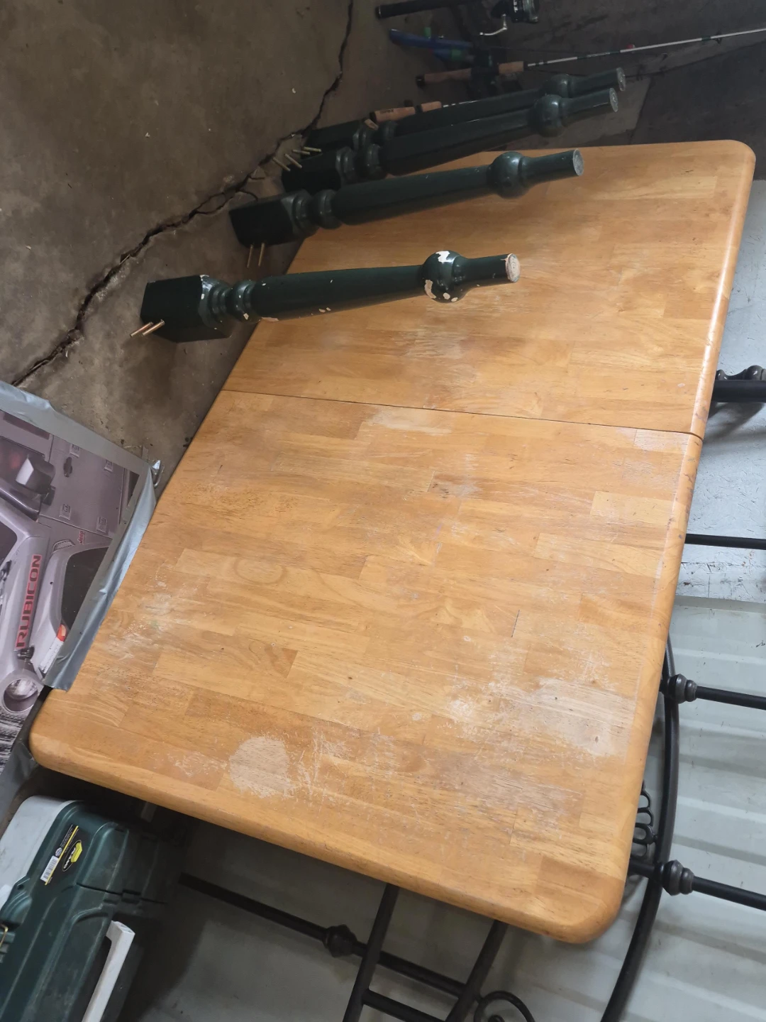 Wood Top Dining Table with Green Pedestal Legs