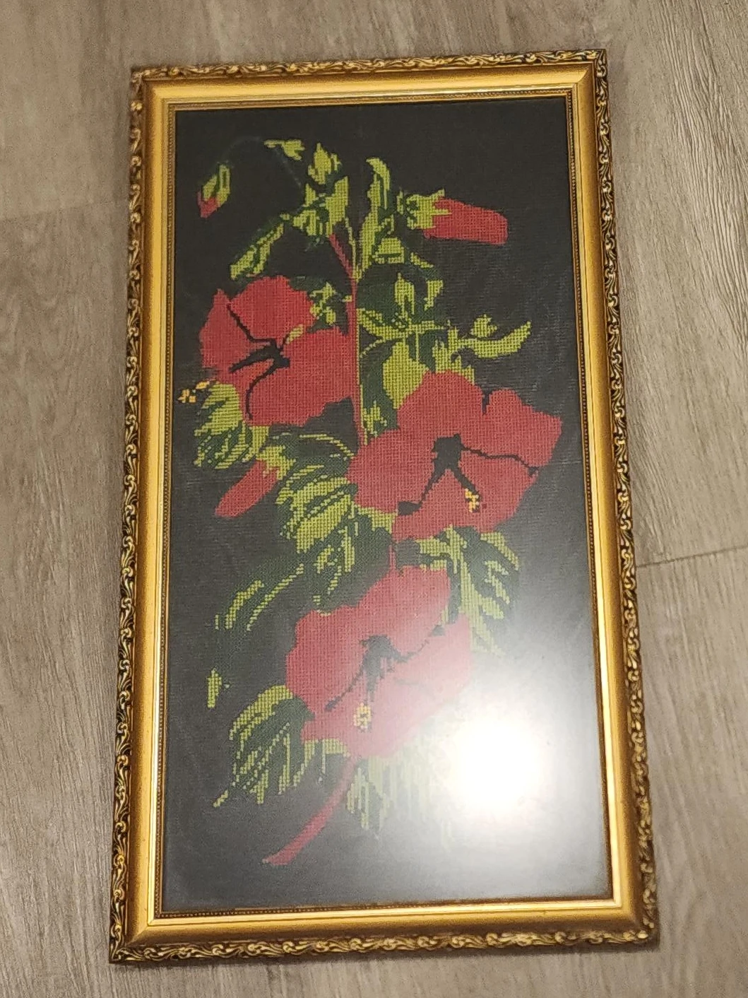 Framed Cross-Stitch Art with Red Flowers