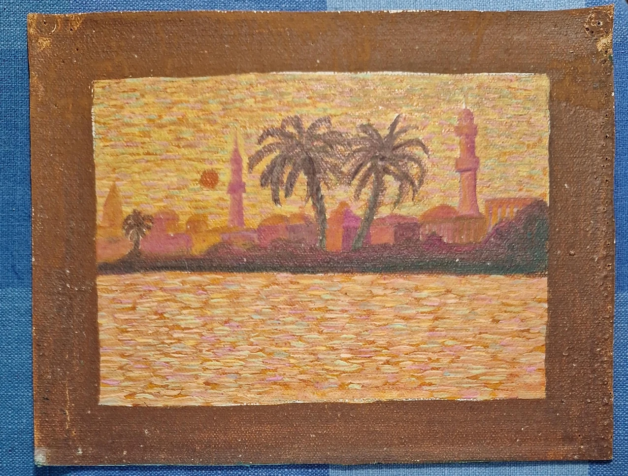 Oil Painting of a Coastal Cityscape with Palm Trees