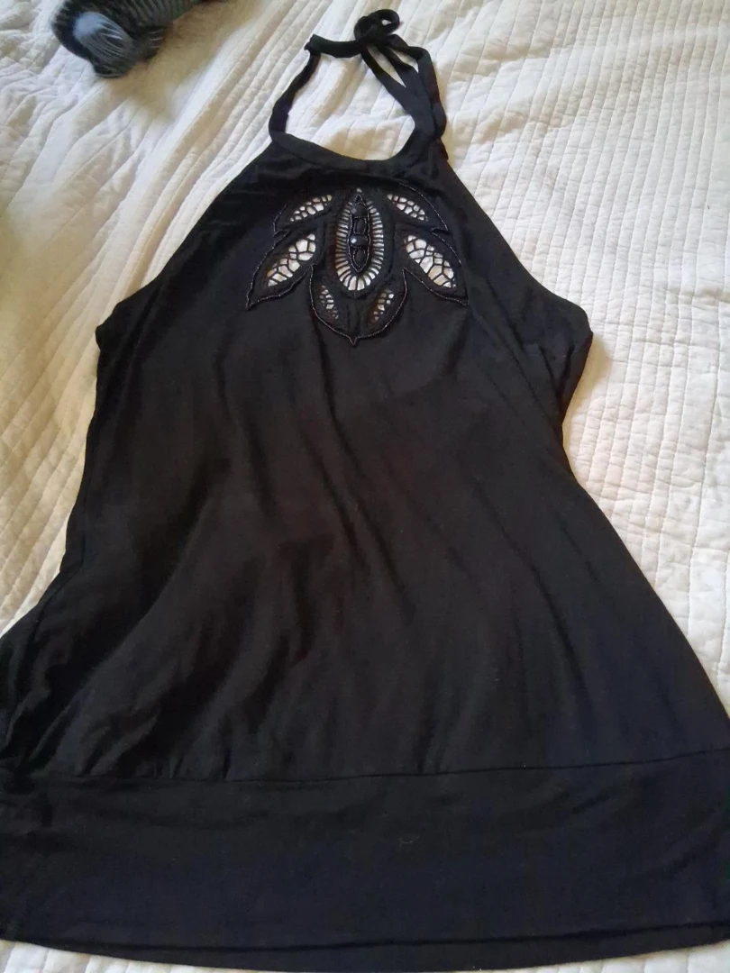 Black halter tank top with embellishment