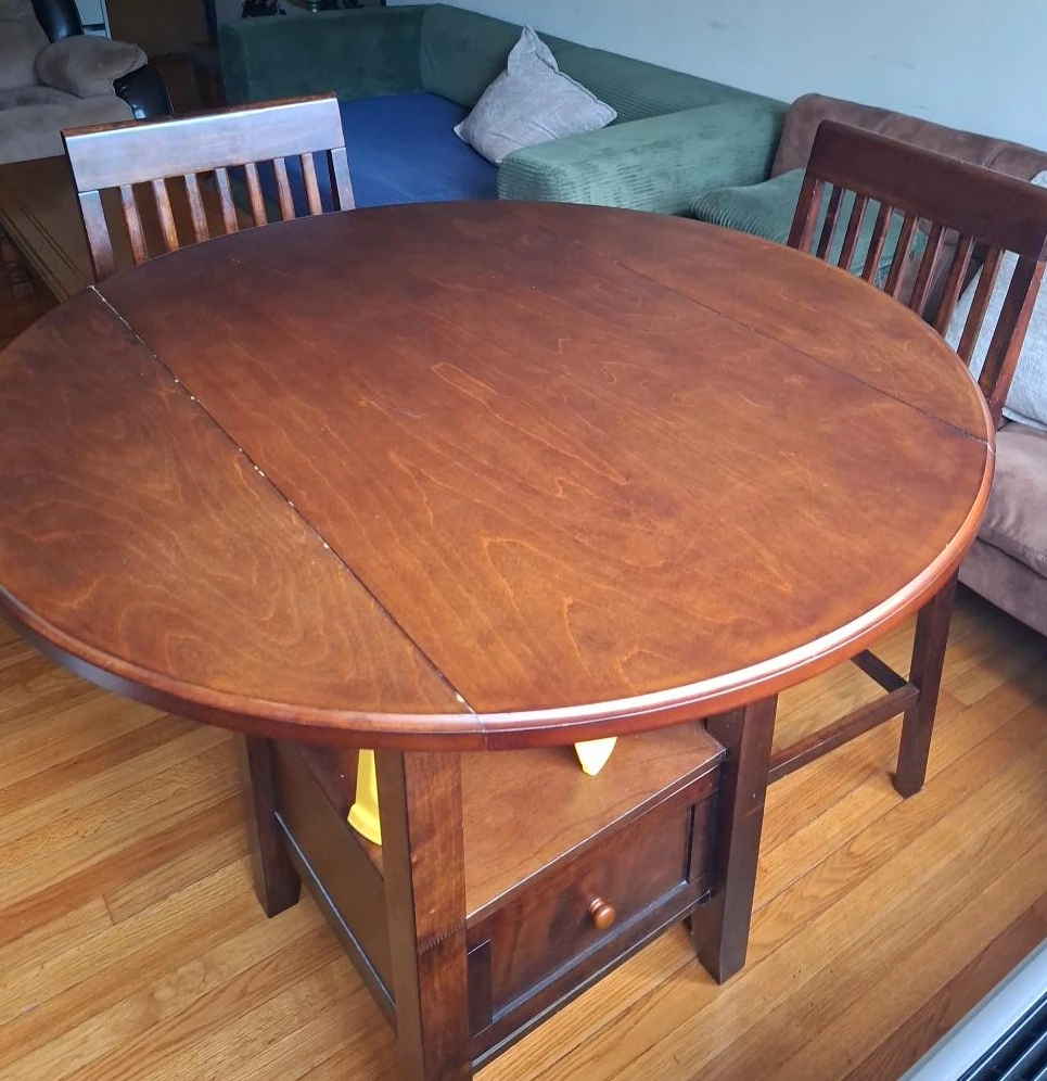 Round Drop Leaf Dining Table with Storage Drawer