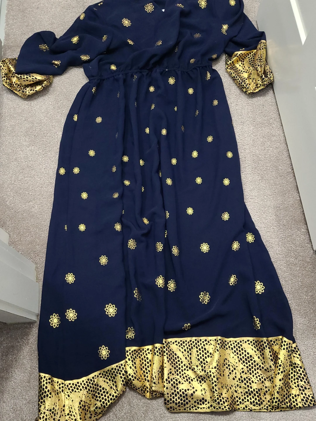 Navy Blue Dress with Gold Floral Print