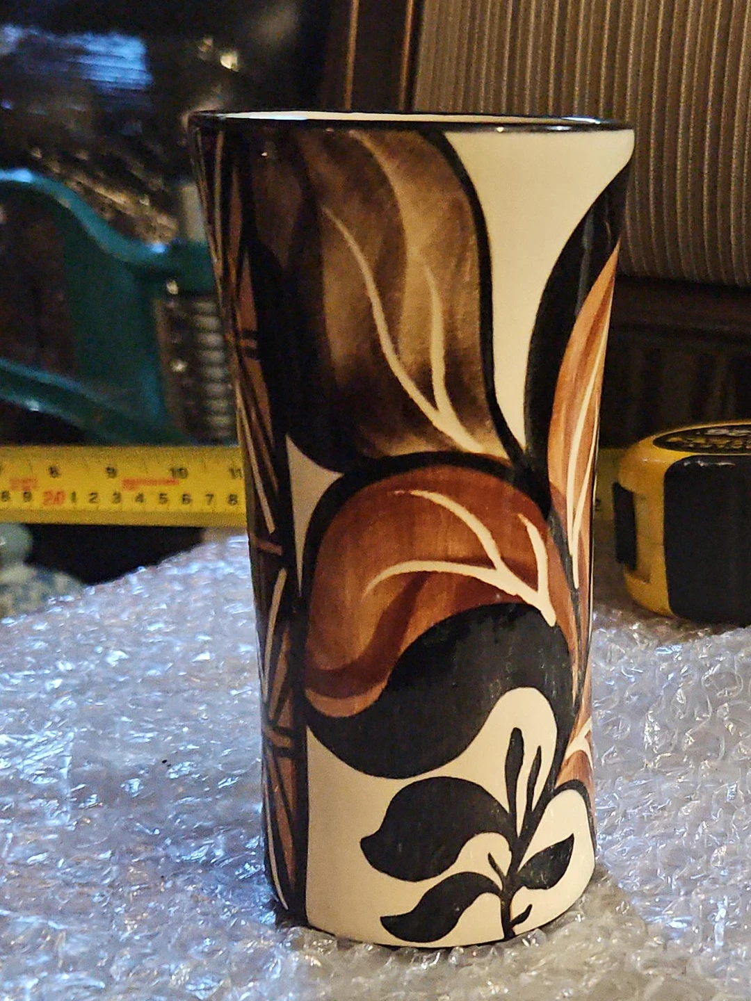 Ceramic Vase with Brown and Black Leaf Pattern