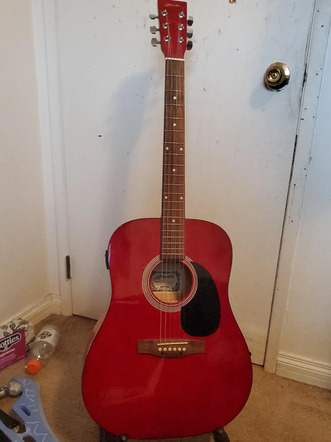 Red Ritmuller D4 Acoustic Guitar with Stand