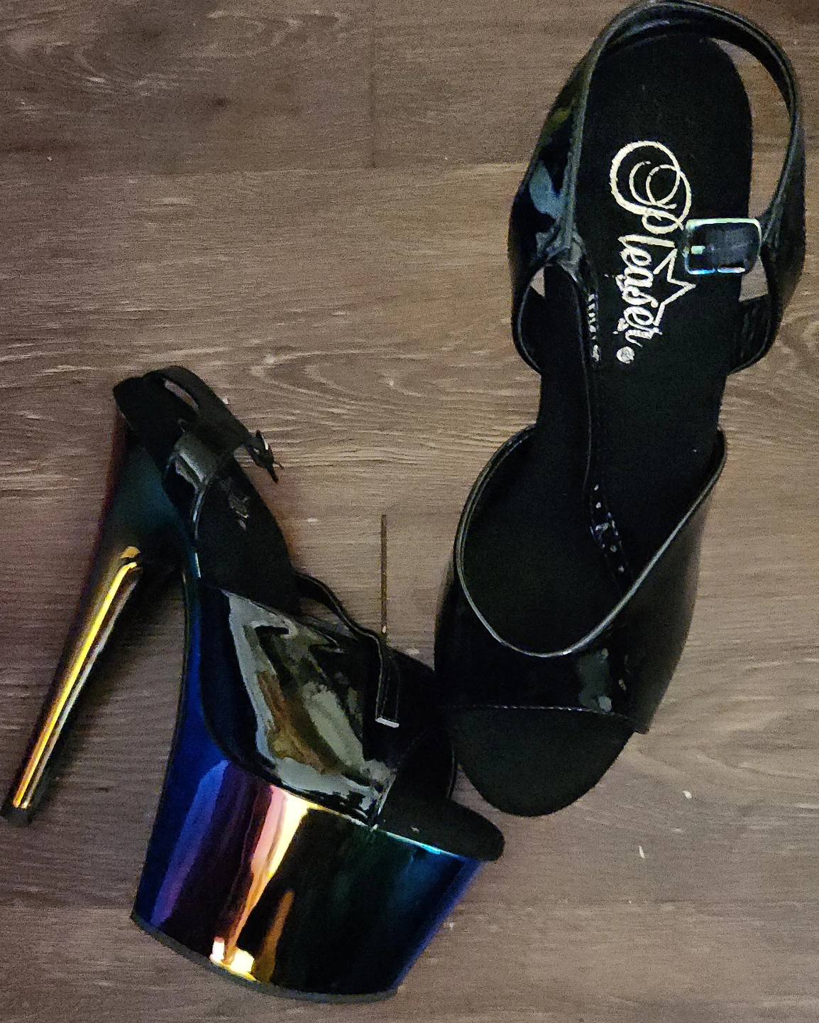 Pleaser Black Patent Platform with Rainbow Chrome Heels
