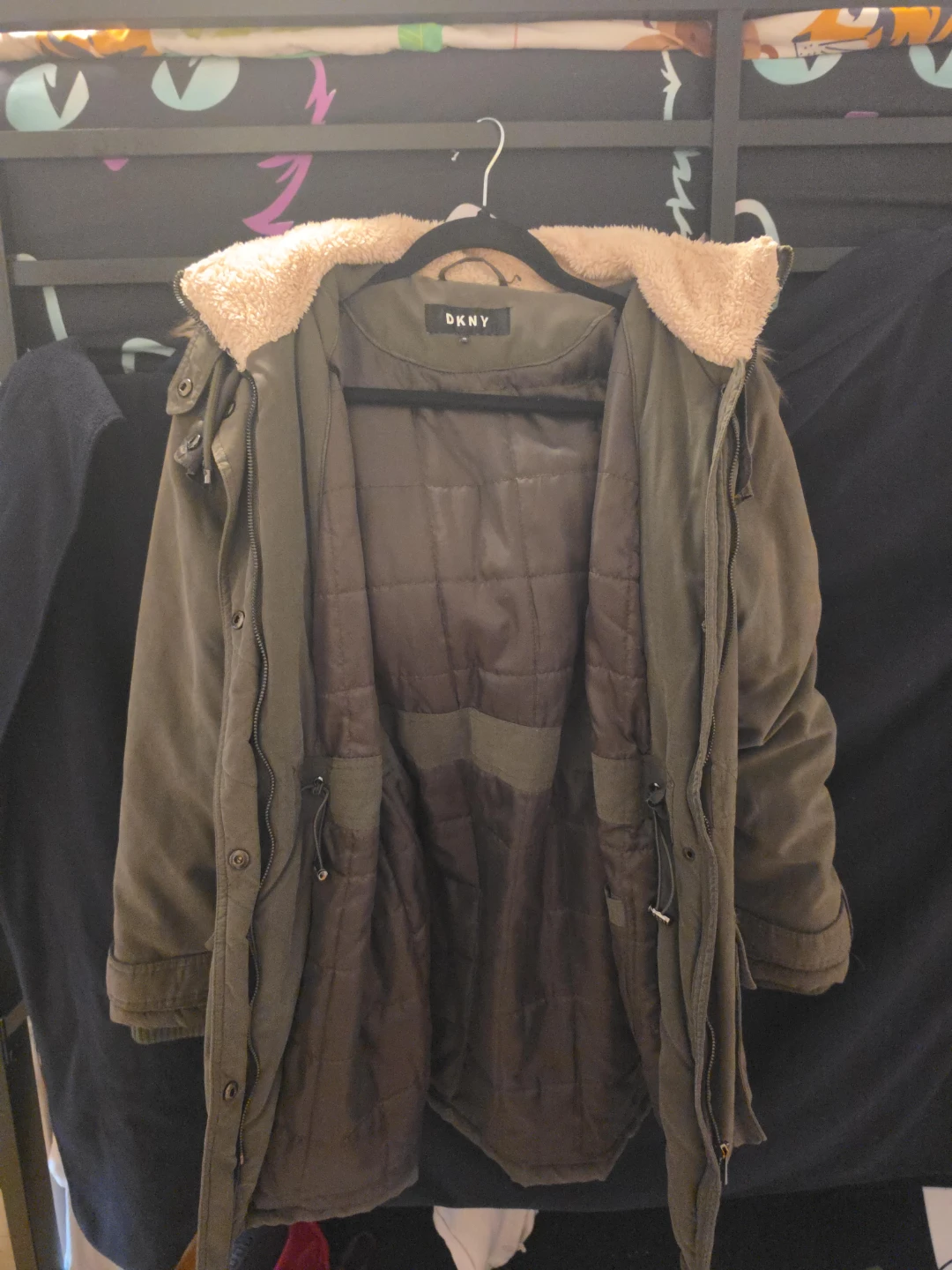 DKNY Olive Green Parka Jacket with Sherpa Collar