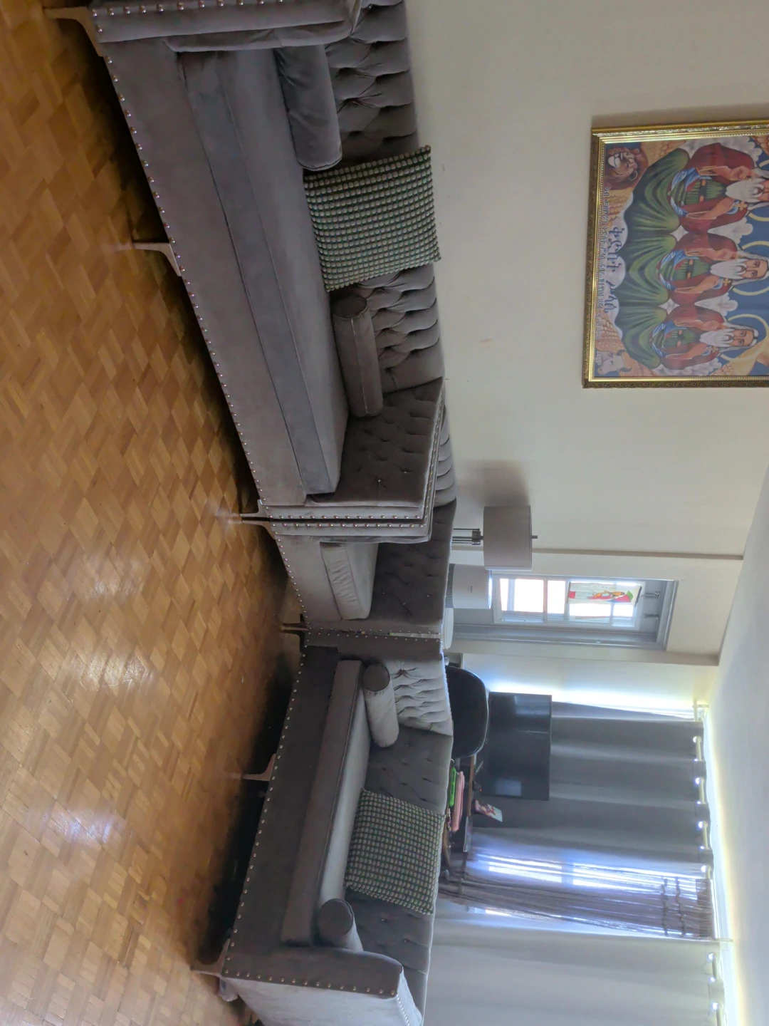 Grey Tufted Sectional Sofa with Studded Trim