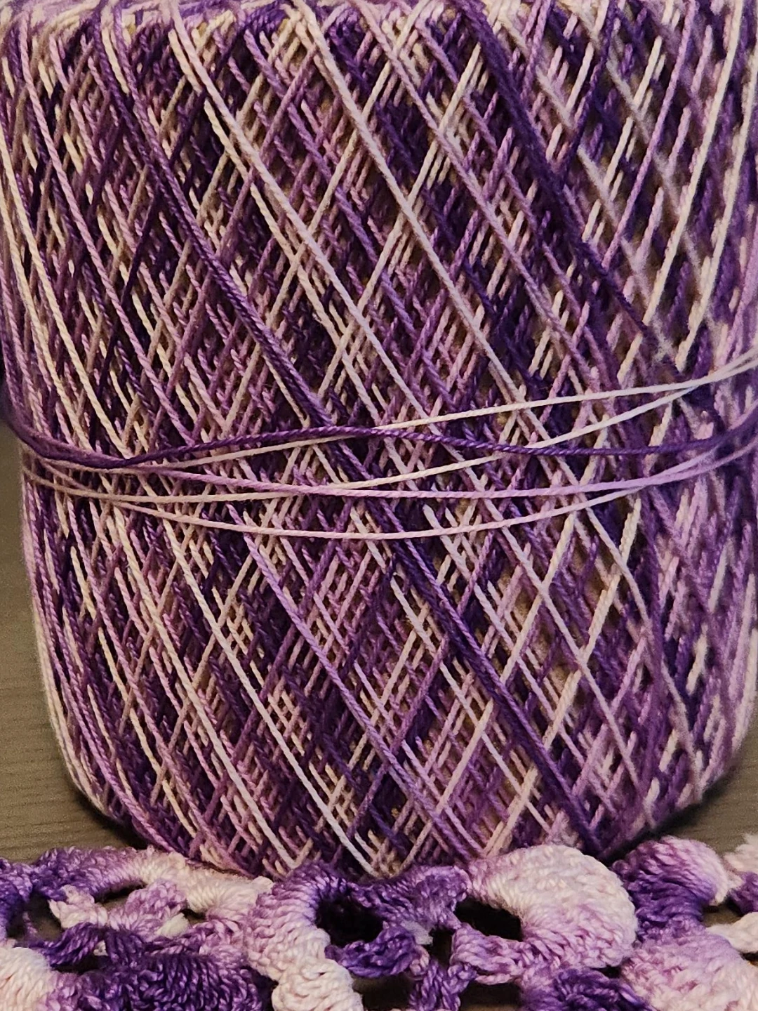 Purple & White Yarn Skein with Crocheted Flowers