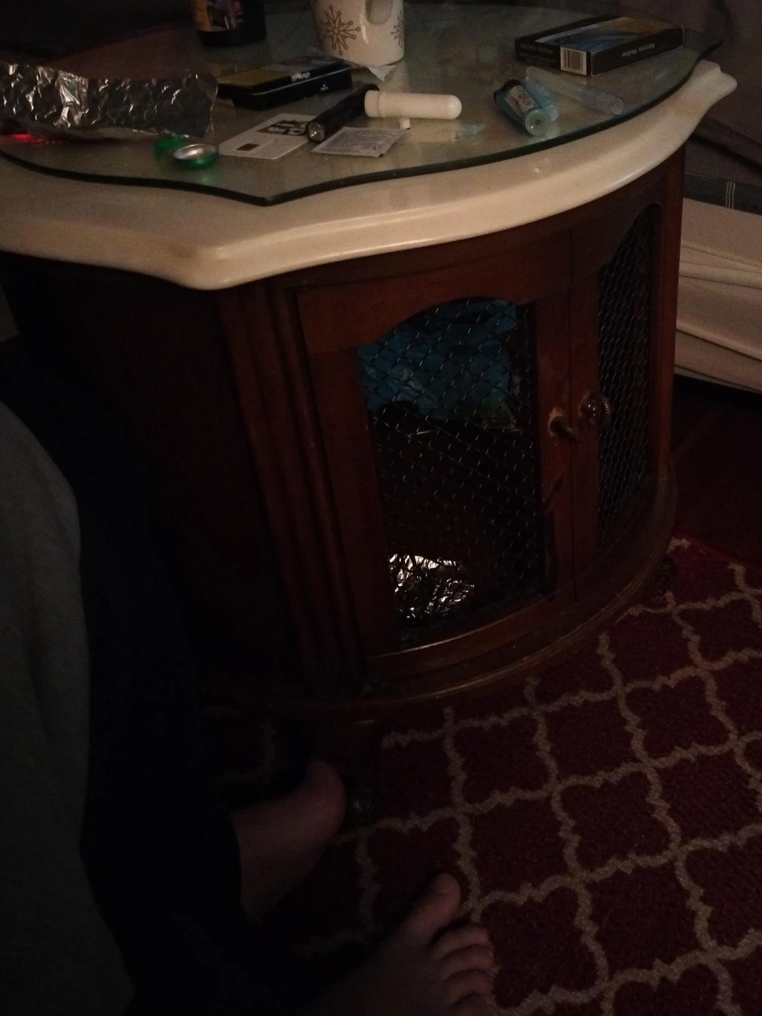 Vintage oak Wooden End Table with Glass Top. and marble