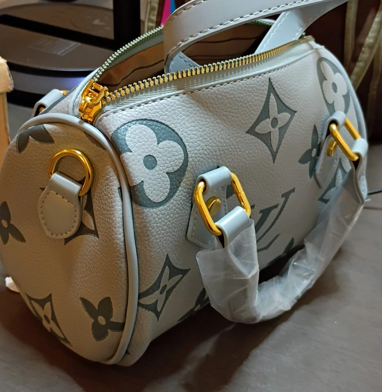 Gray Barrel Bag with Monogram Print