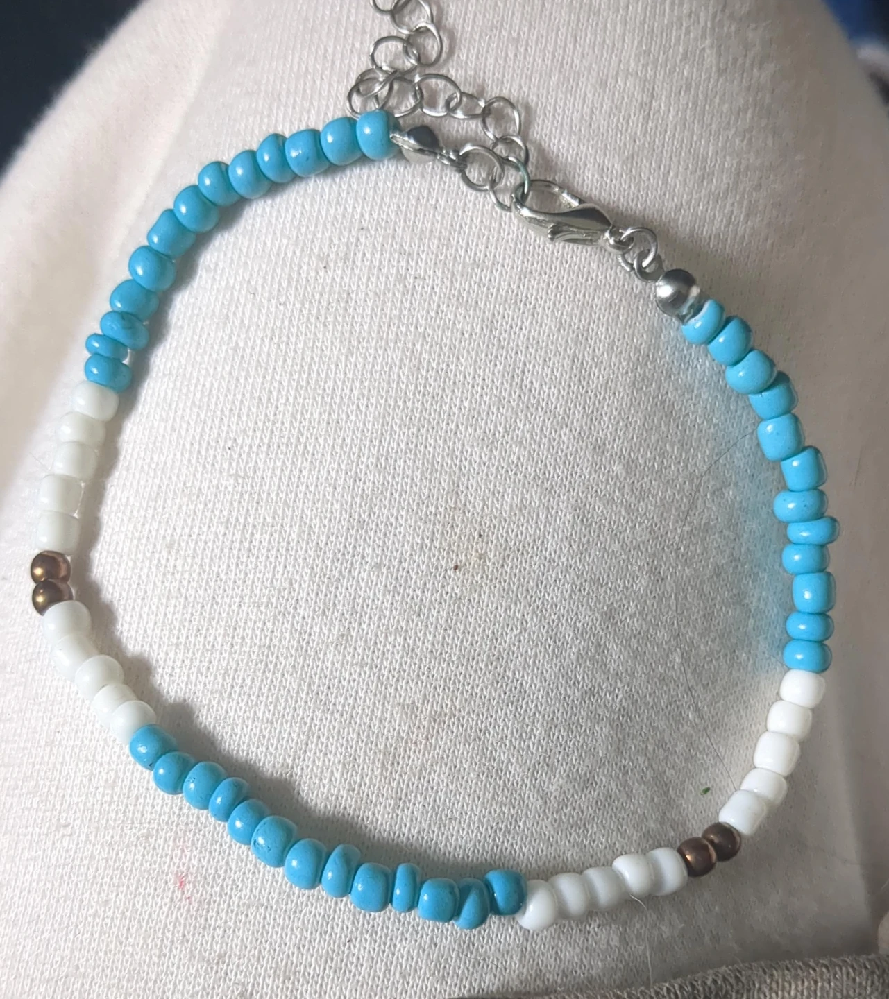 Beaded Anklet with Blue, White and Gold Beads