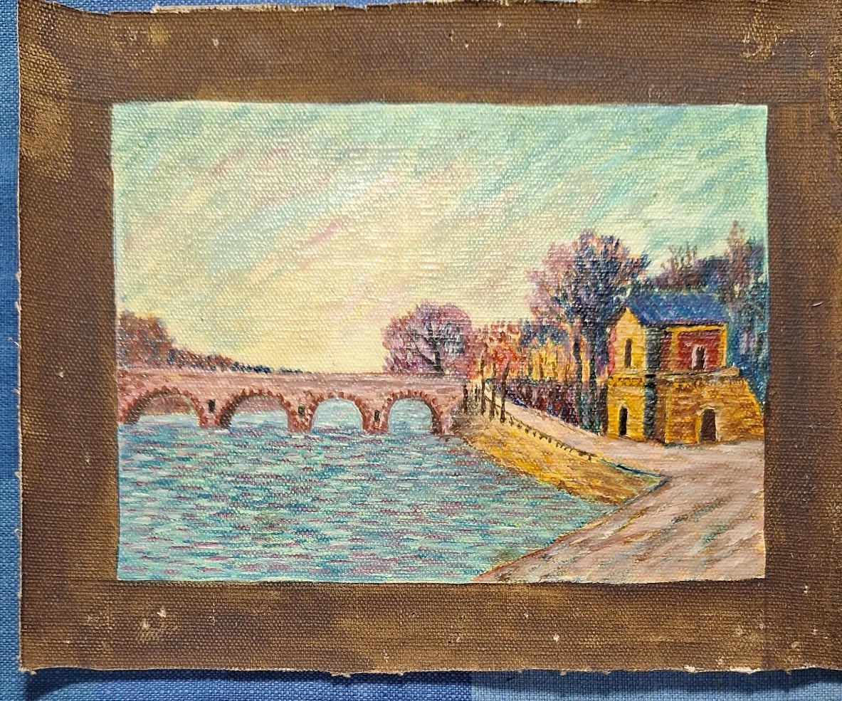 Original Oil Painting of a Bridge and Houses