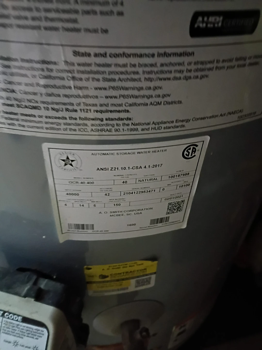 A. O. Smith 40 Gallon Natural Gas Water Heater