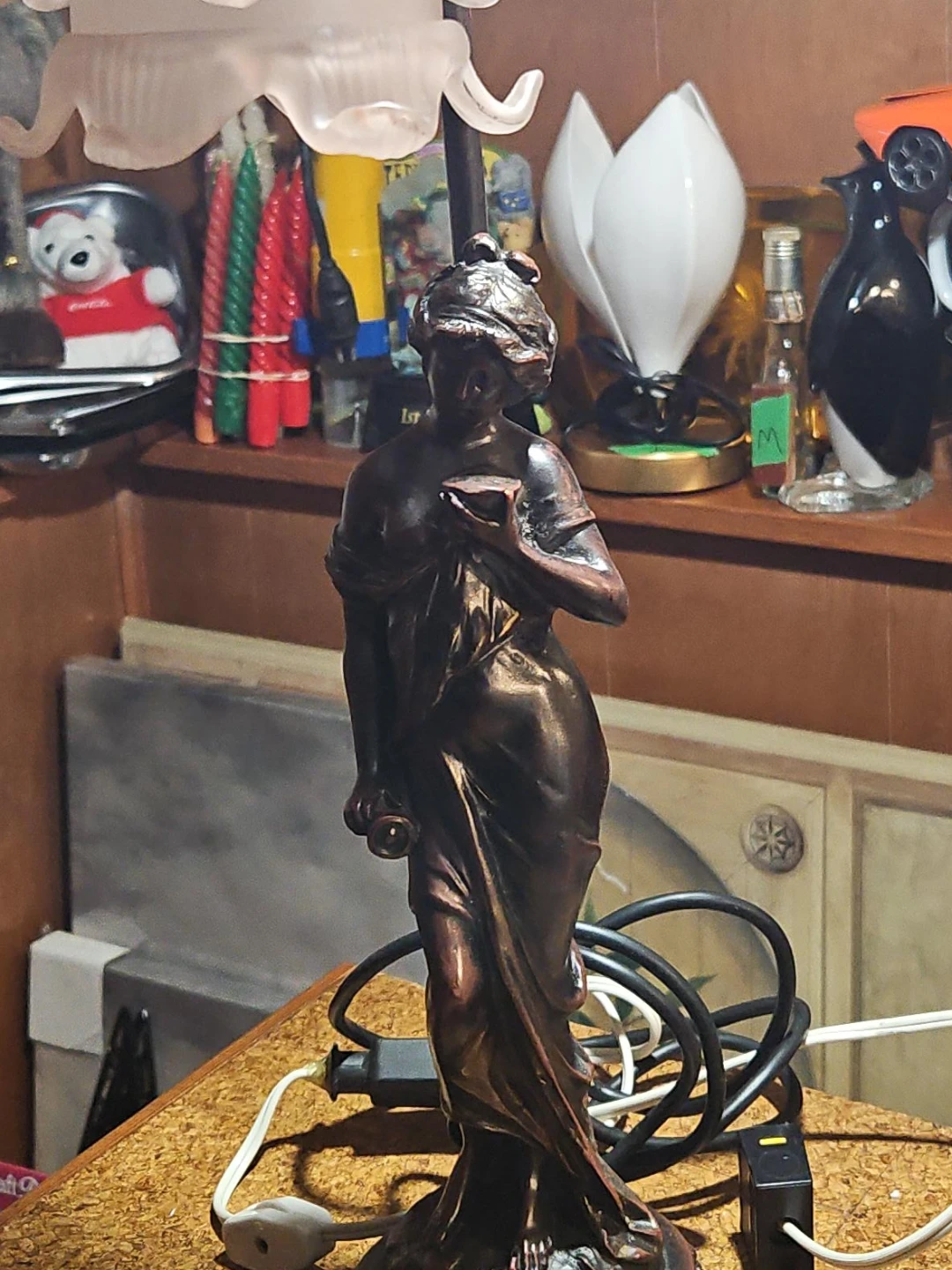 Vintage Figural Table Lamp with Frosted Petal Shade