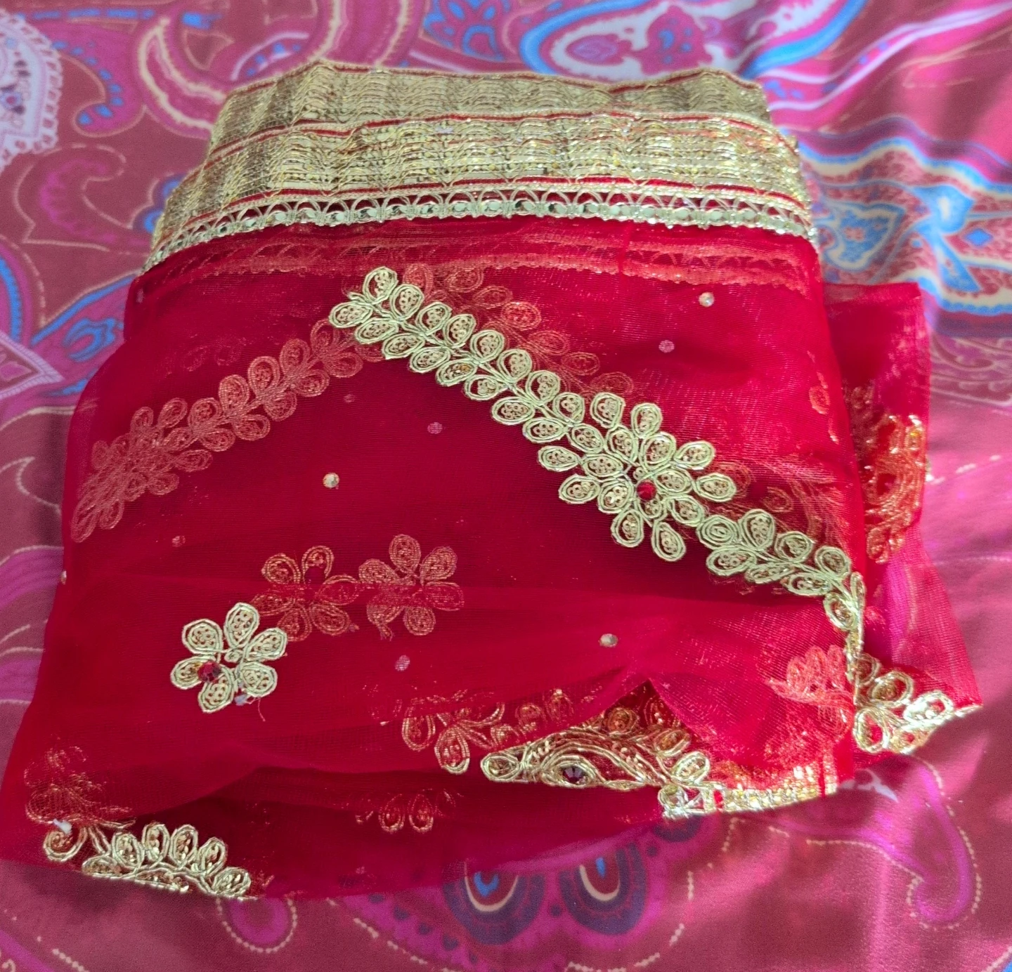 Red Dupatta with Gold Embellishments