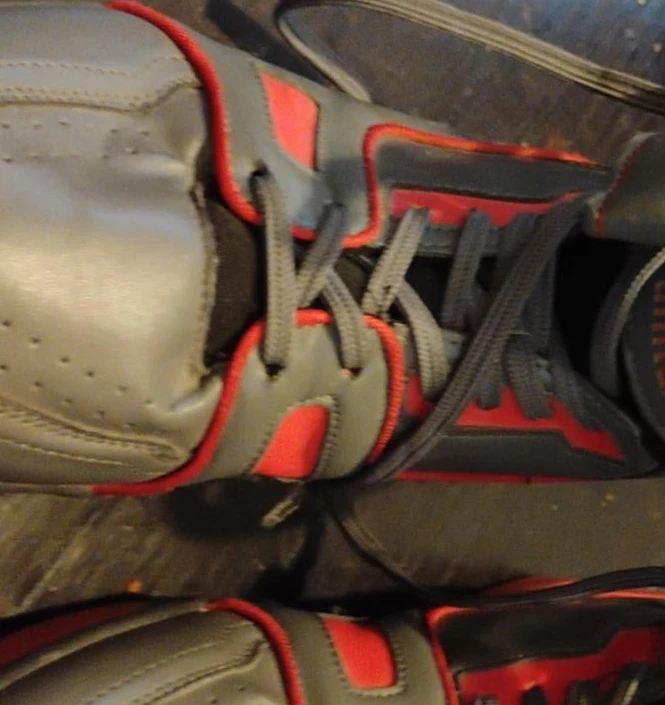 Gray and Red Athletic Shoes