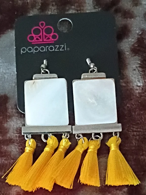 Paparazzi Square White Earrings with Yellow Tassels