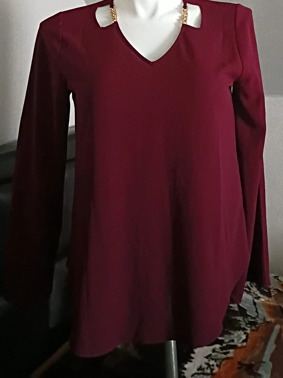 Maroon V-Neck Top with Gold Chain Detail