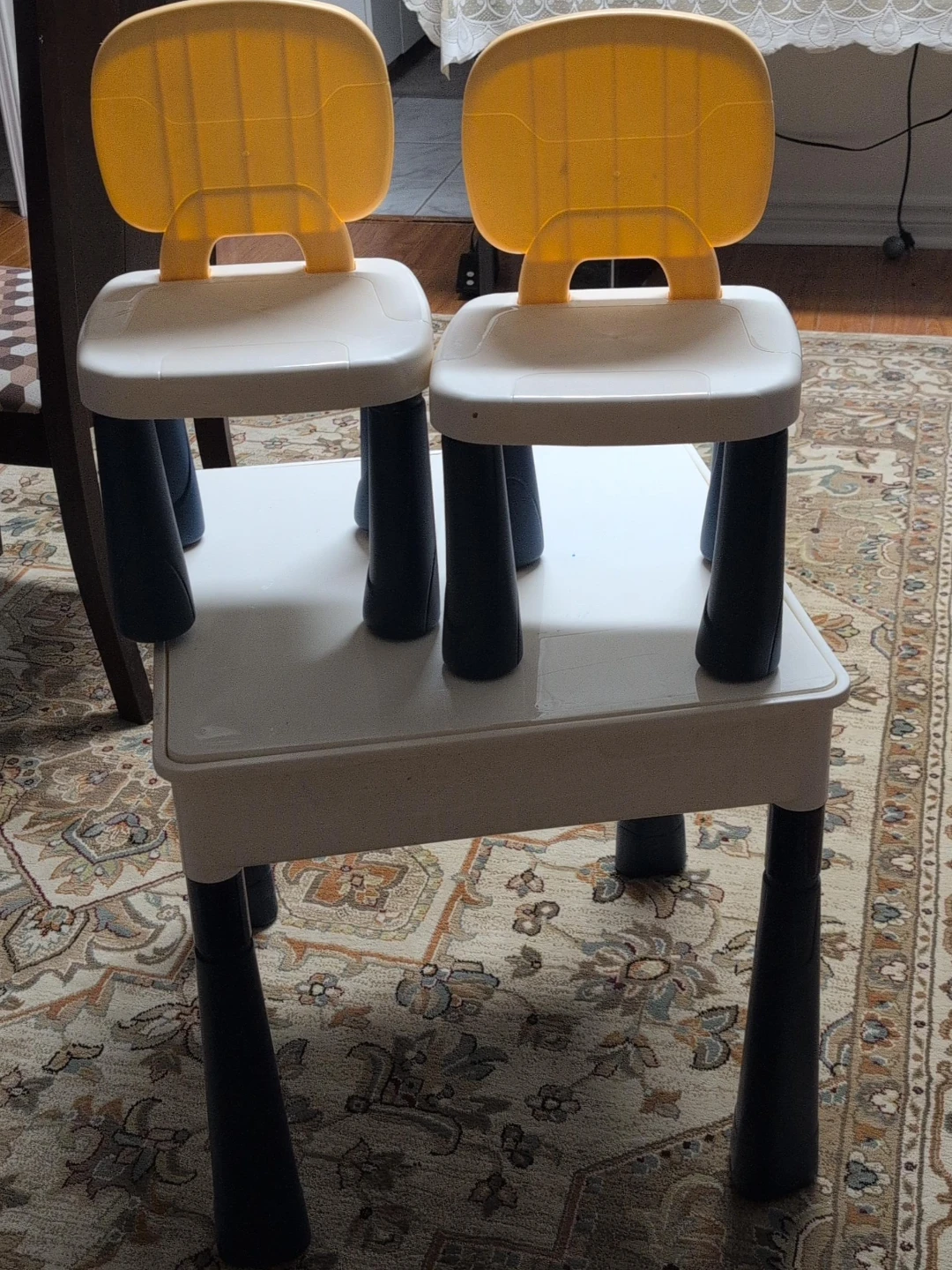 Yellow and White Kids Play Table and Chairs Set no LEGO