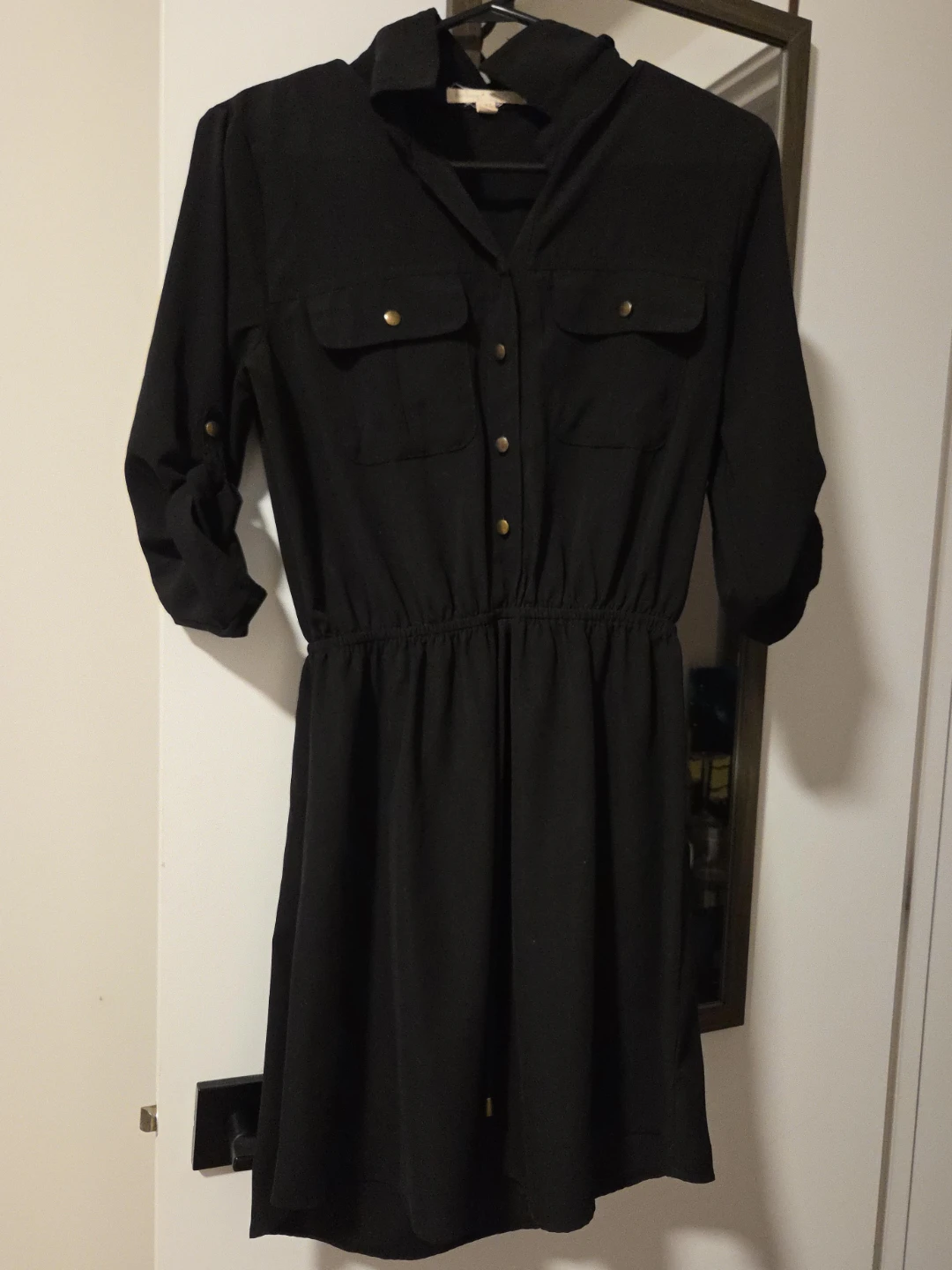 Black Button-Up Shirt Dress with Roll-Tab Sleeves