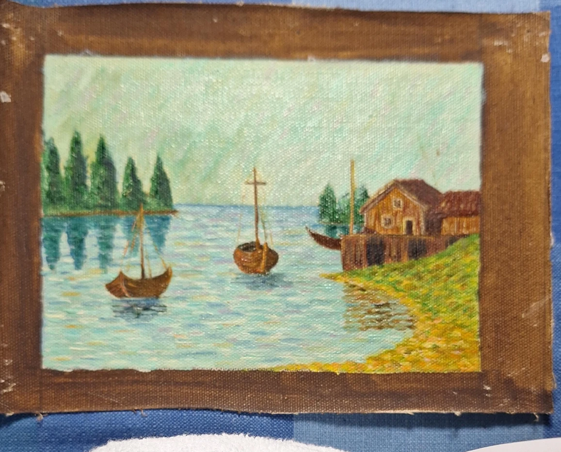Vintage Seascape Oil Painting with Boats and Houses