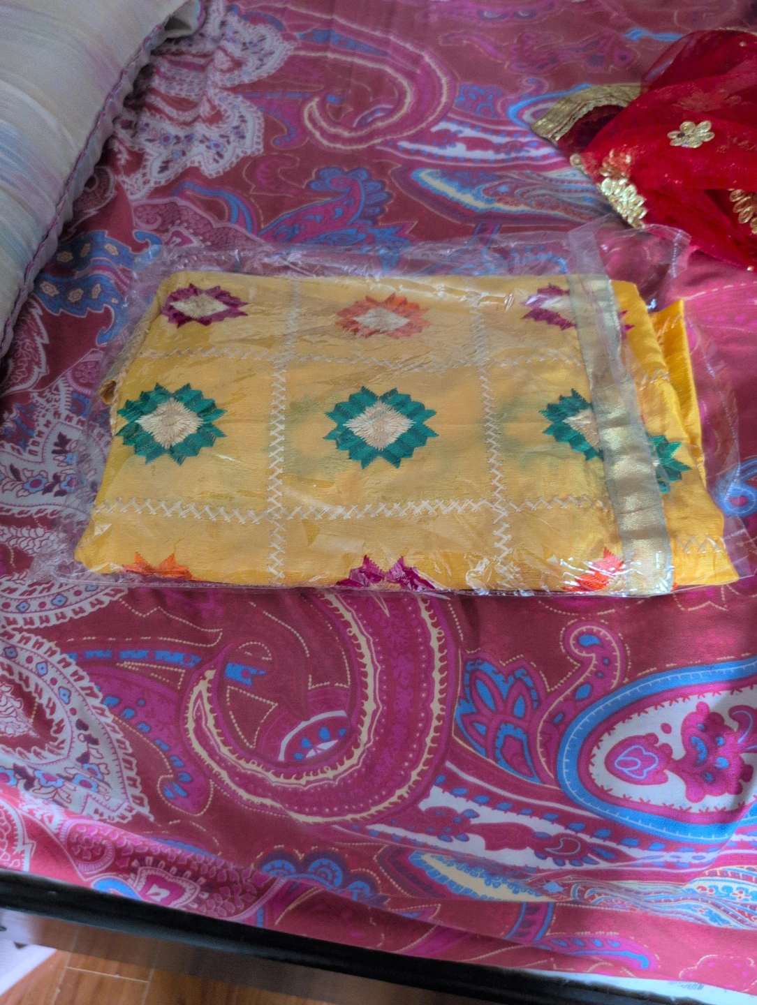 Yellow Embroidered Fabric with Gold Trim