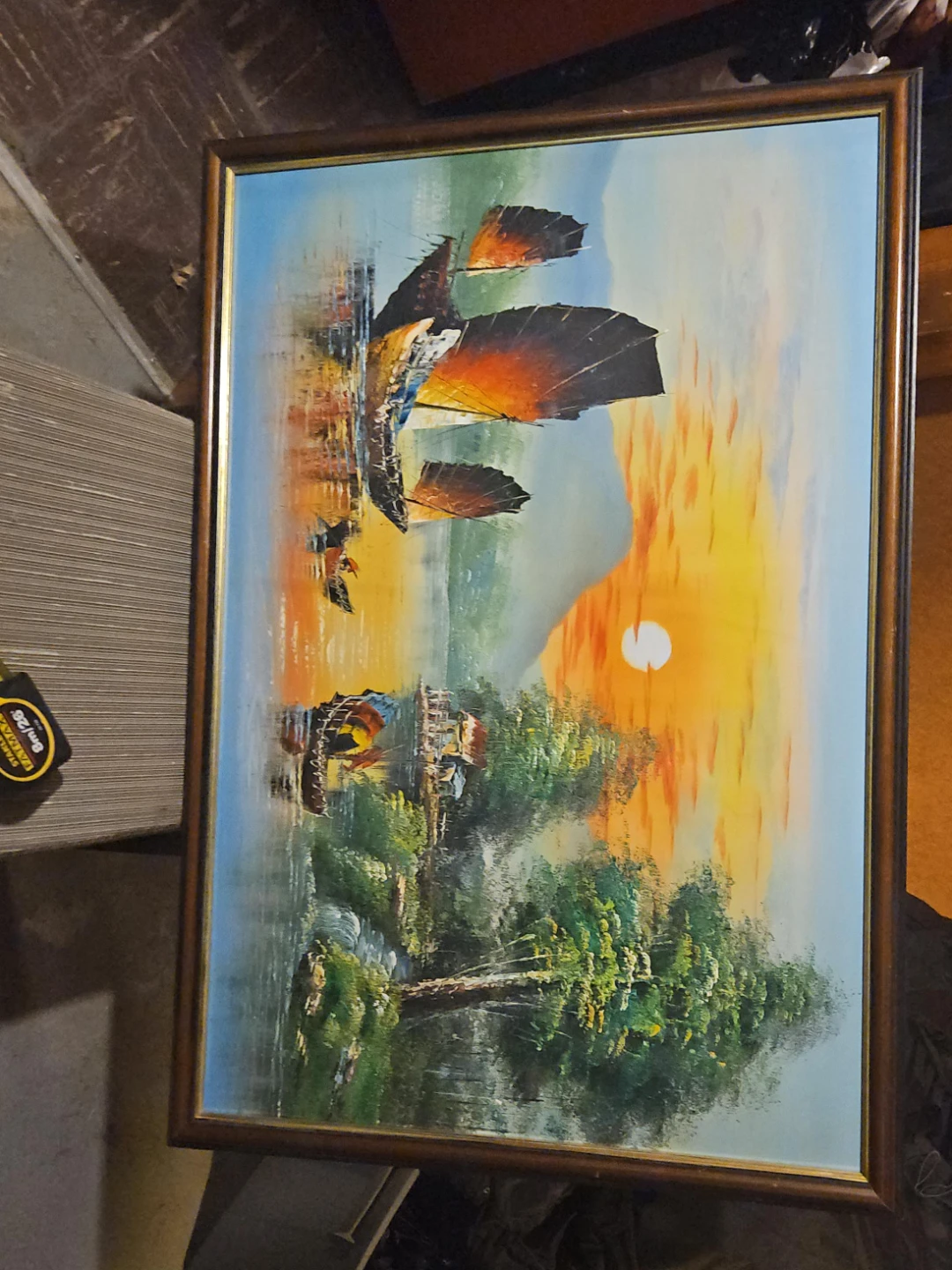 Framed Painting of Sailboats at Sunset