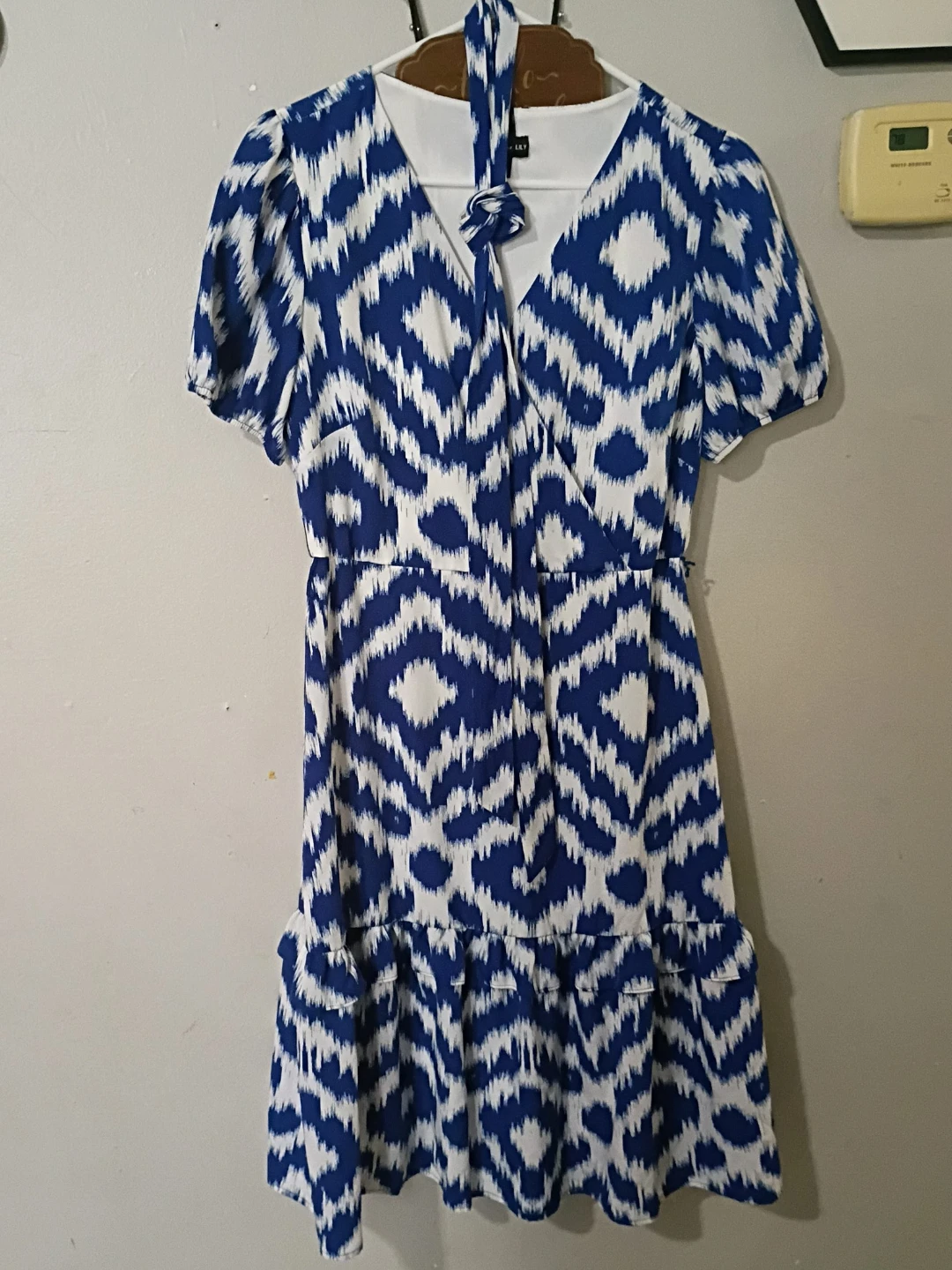 Blue and White Ikat Print Wrap Dress