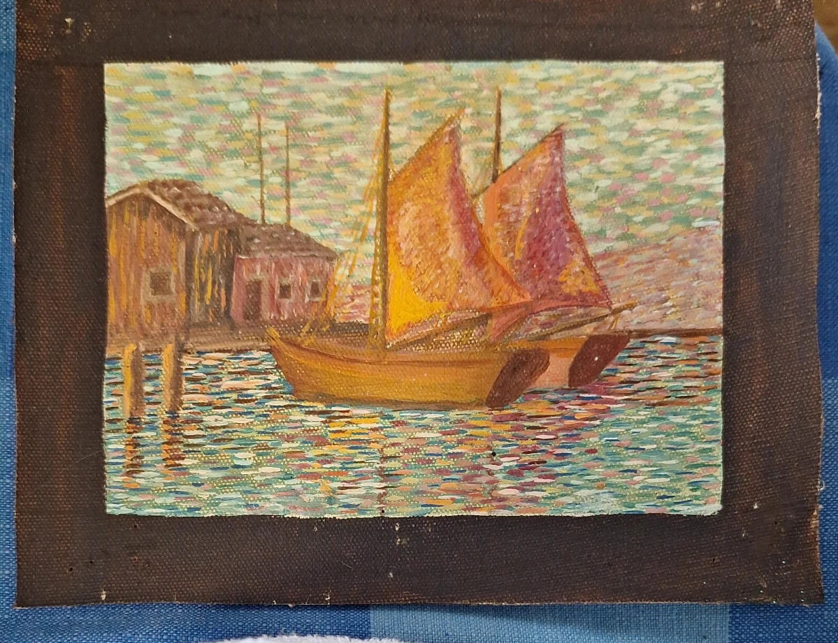 Oil Painting of a Sailboat and Dock