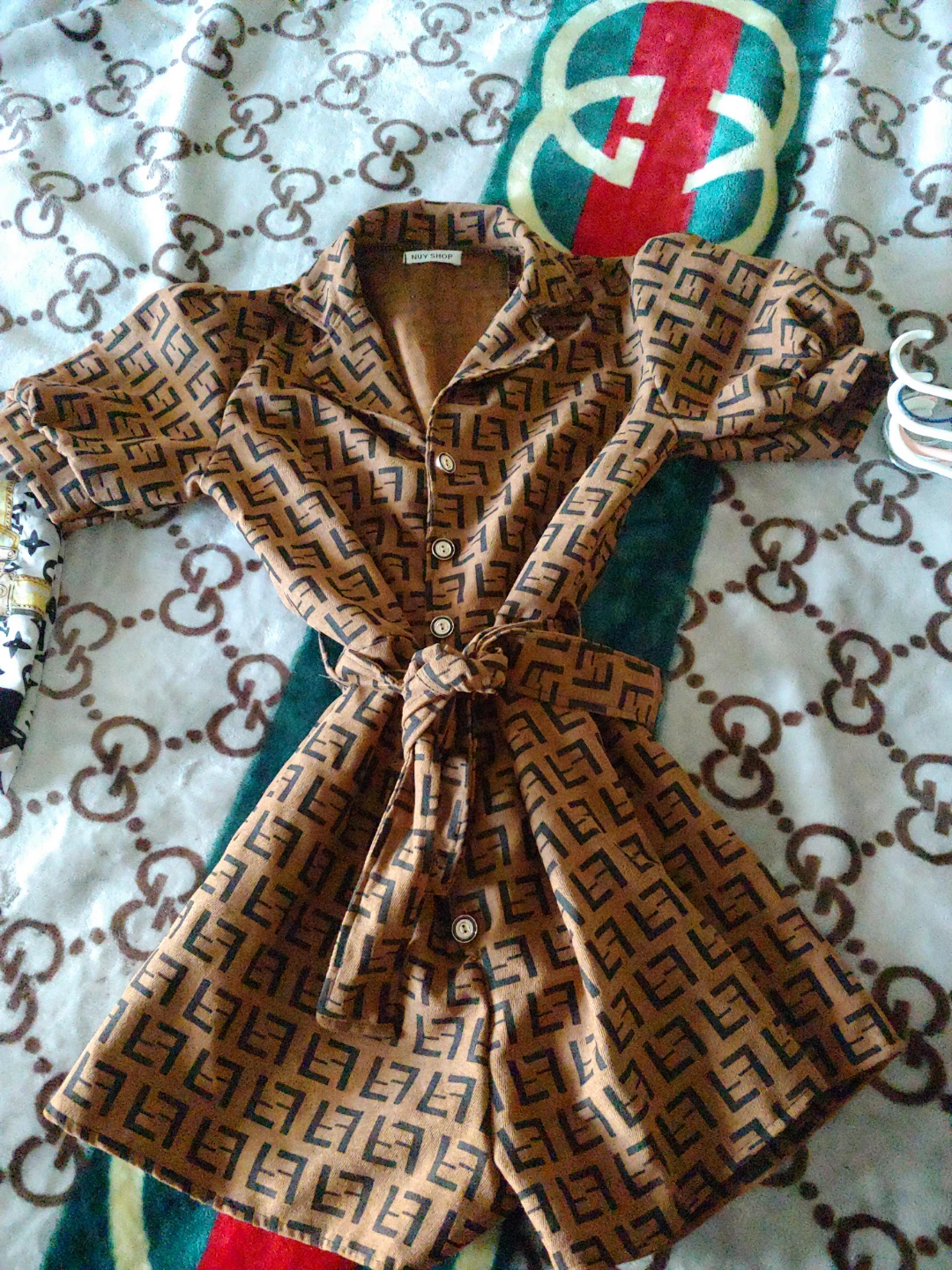 NUY SHOP Brown Print Button-Up Shirt Dress with Belt