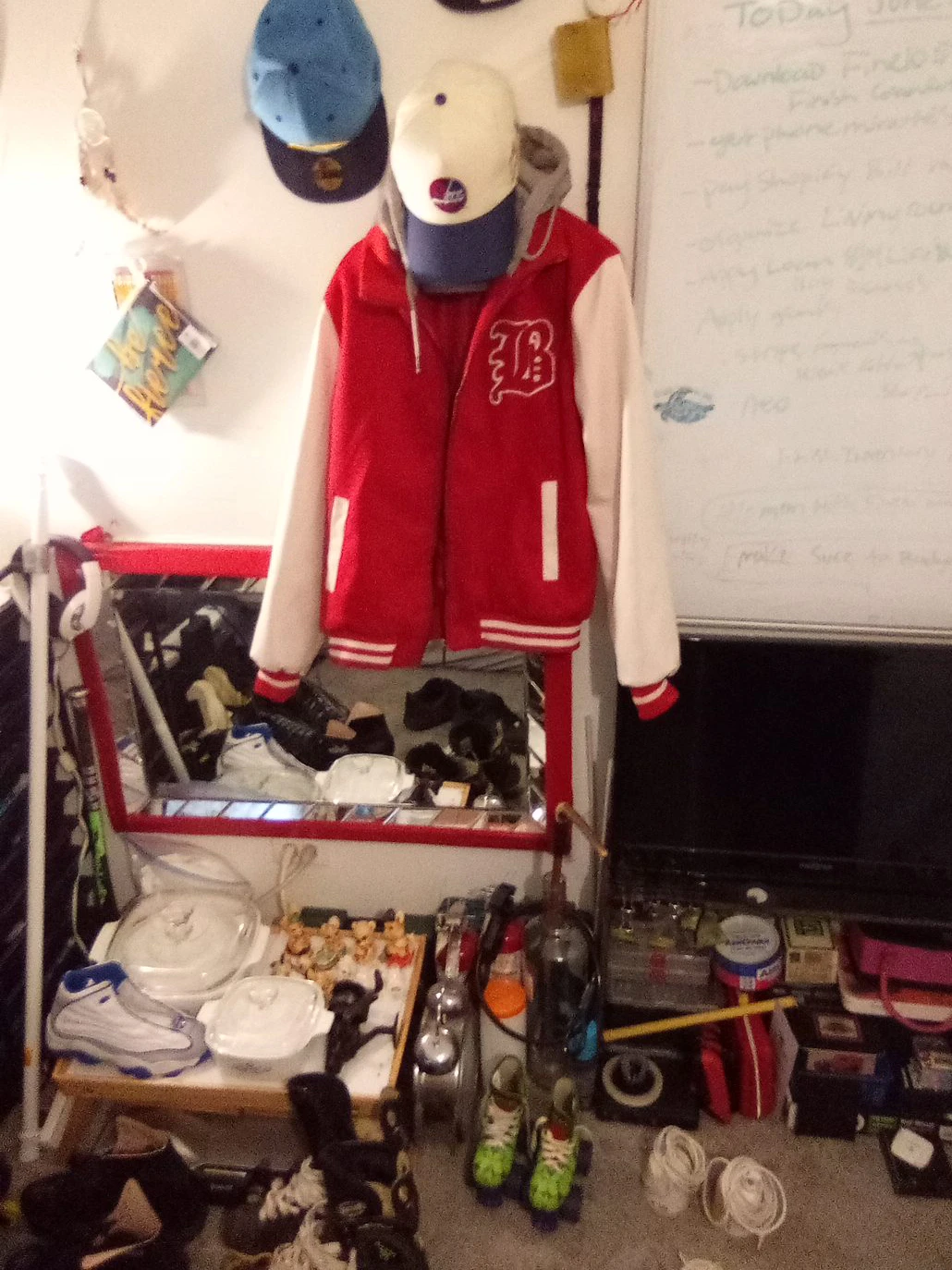 Red and white varsity jacket