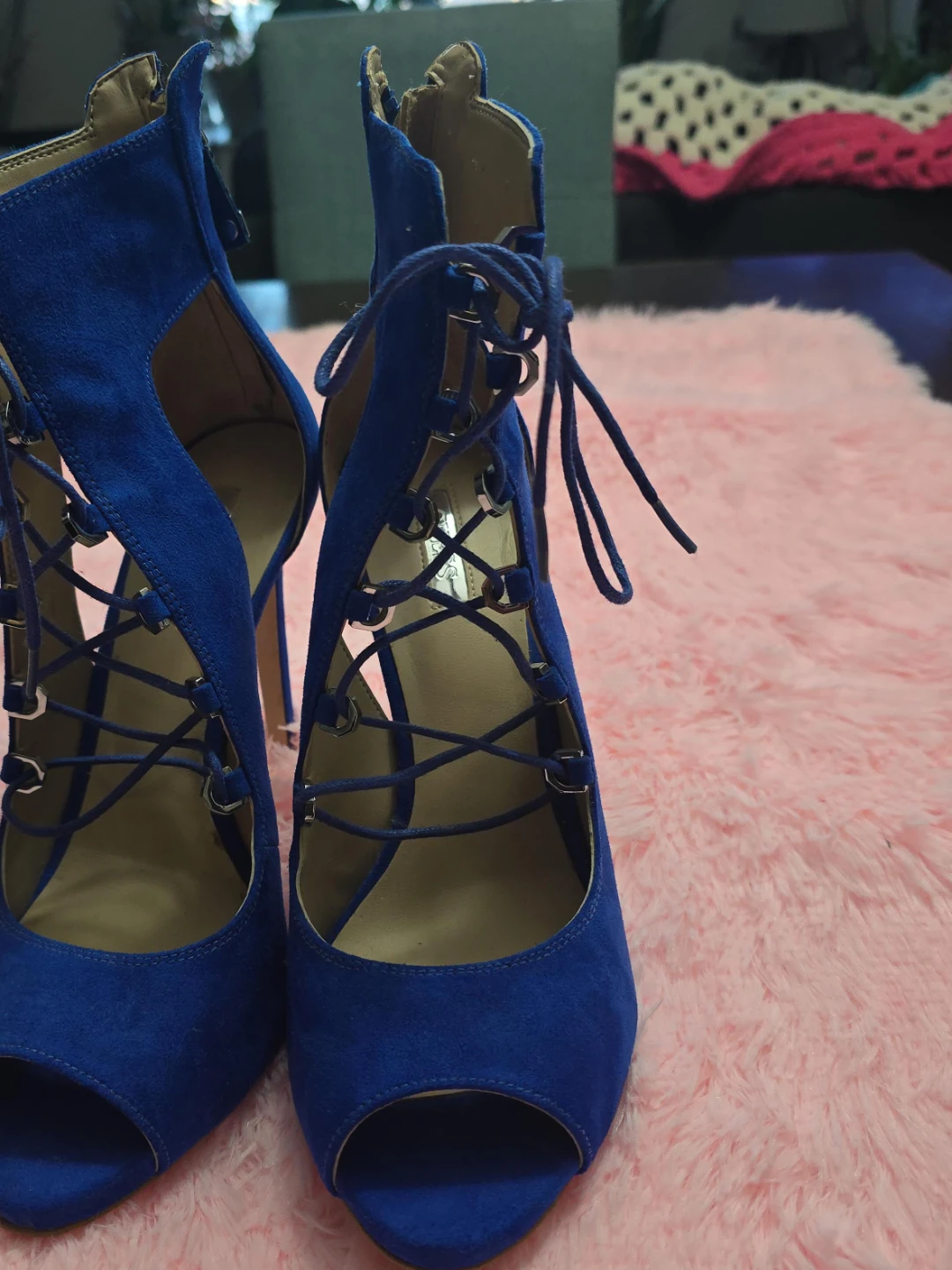 Blue Suede Lace-up Peep-toe Heels