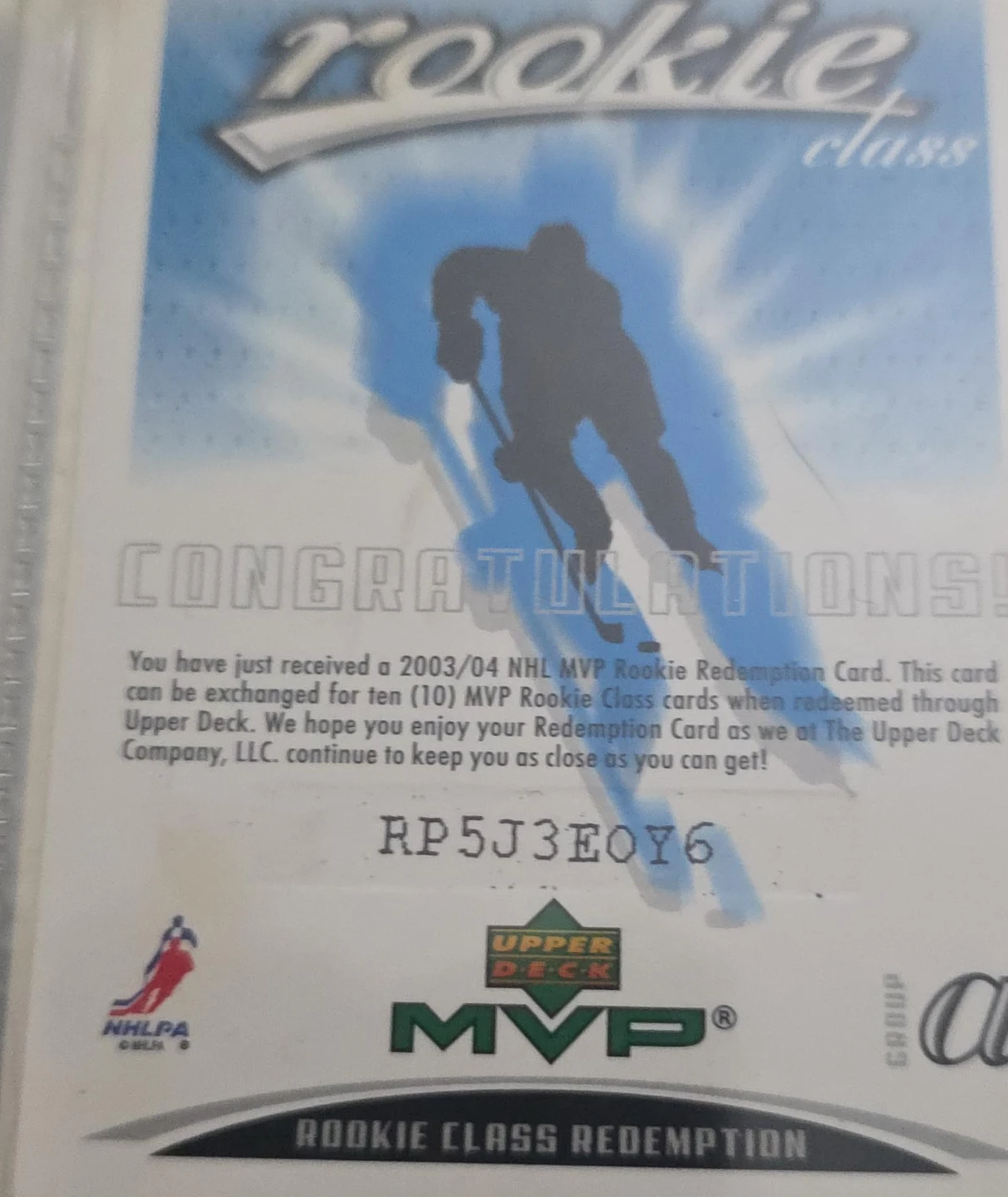 Upper Deck 2003/04 NHL MVP Rookie Redemption Card