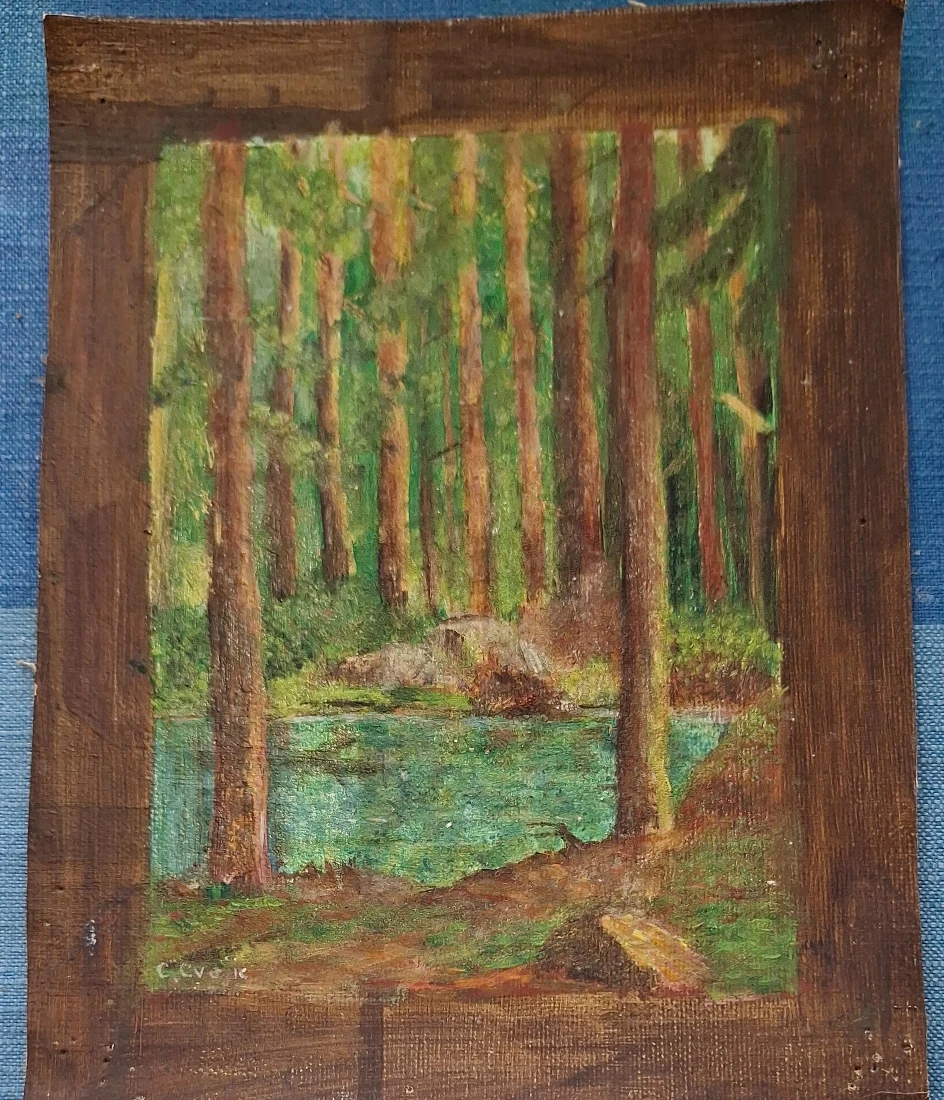 Vintage Forest Painting with River