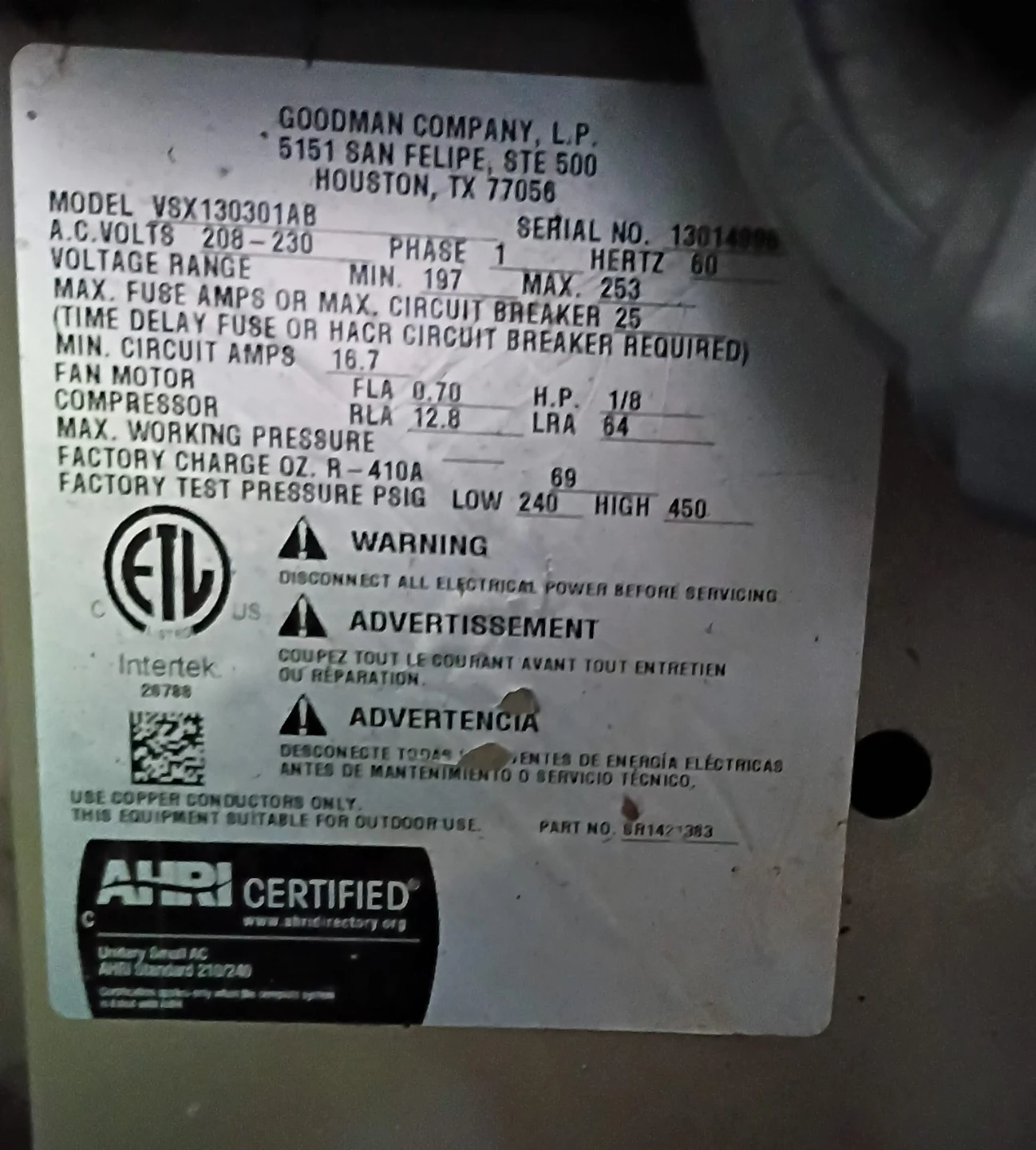 Goodman VSX130301AB Air Conditioner Outdoor Unit