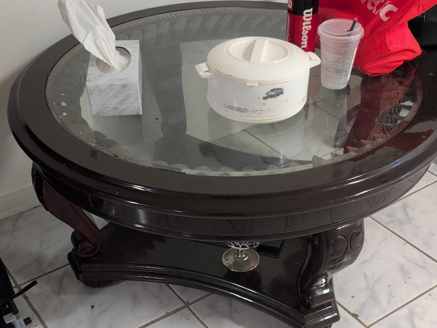 Ornate Wood Coffee Table with Glass Top pick up as it