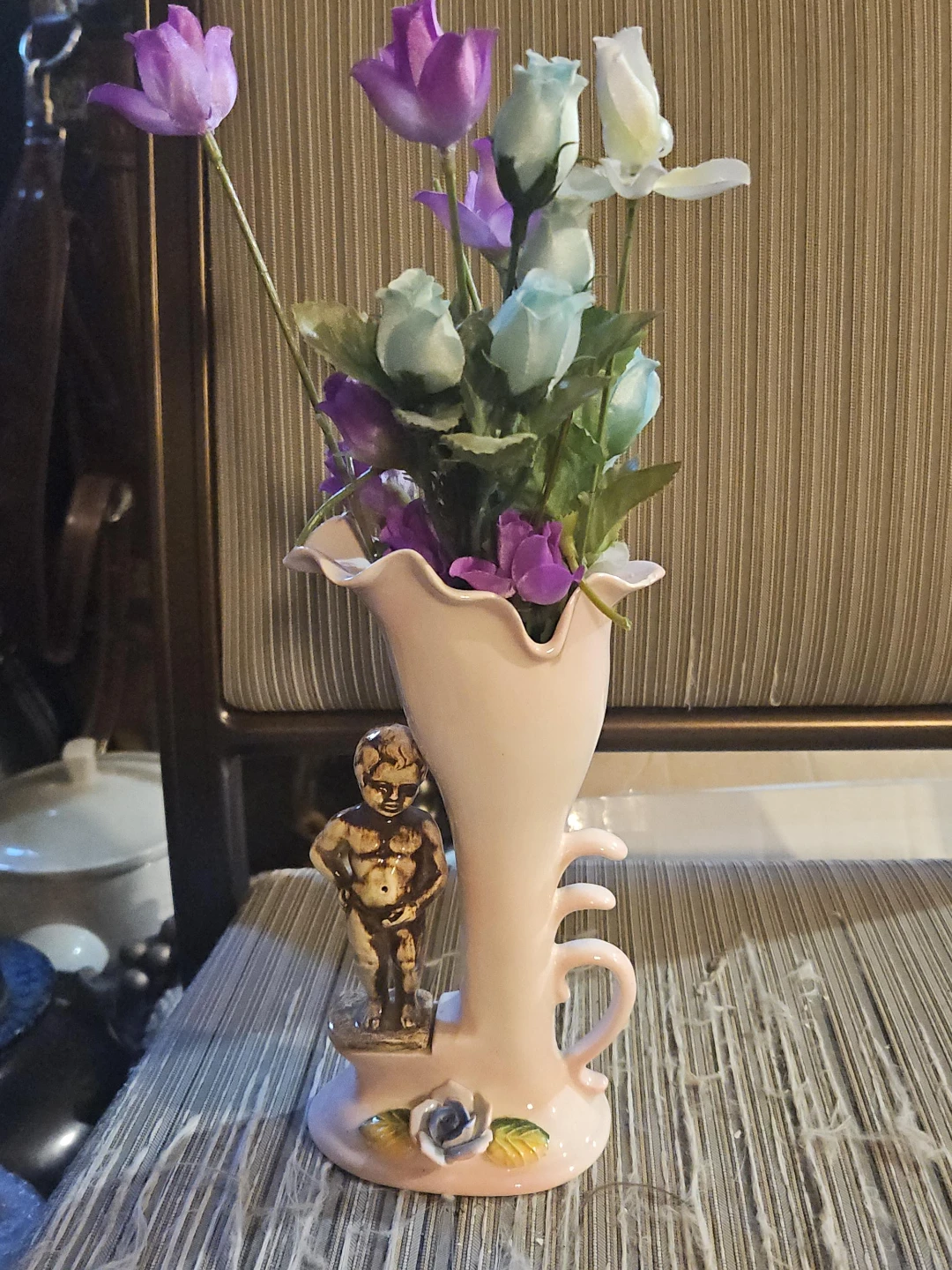 Pink Ceramic Vase with Figurine