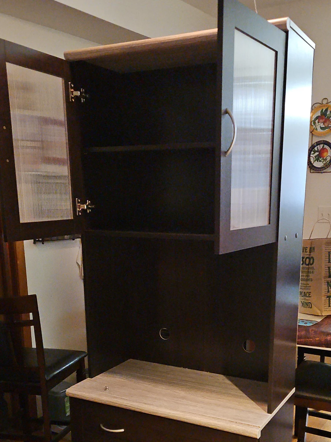 Dark Brown Kitchen Hutch with Glass Doors