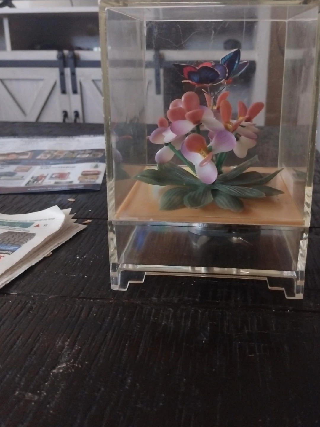 Decorative Glass Case with Artificial Flowers and Butterfly
