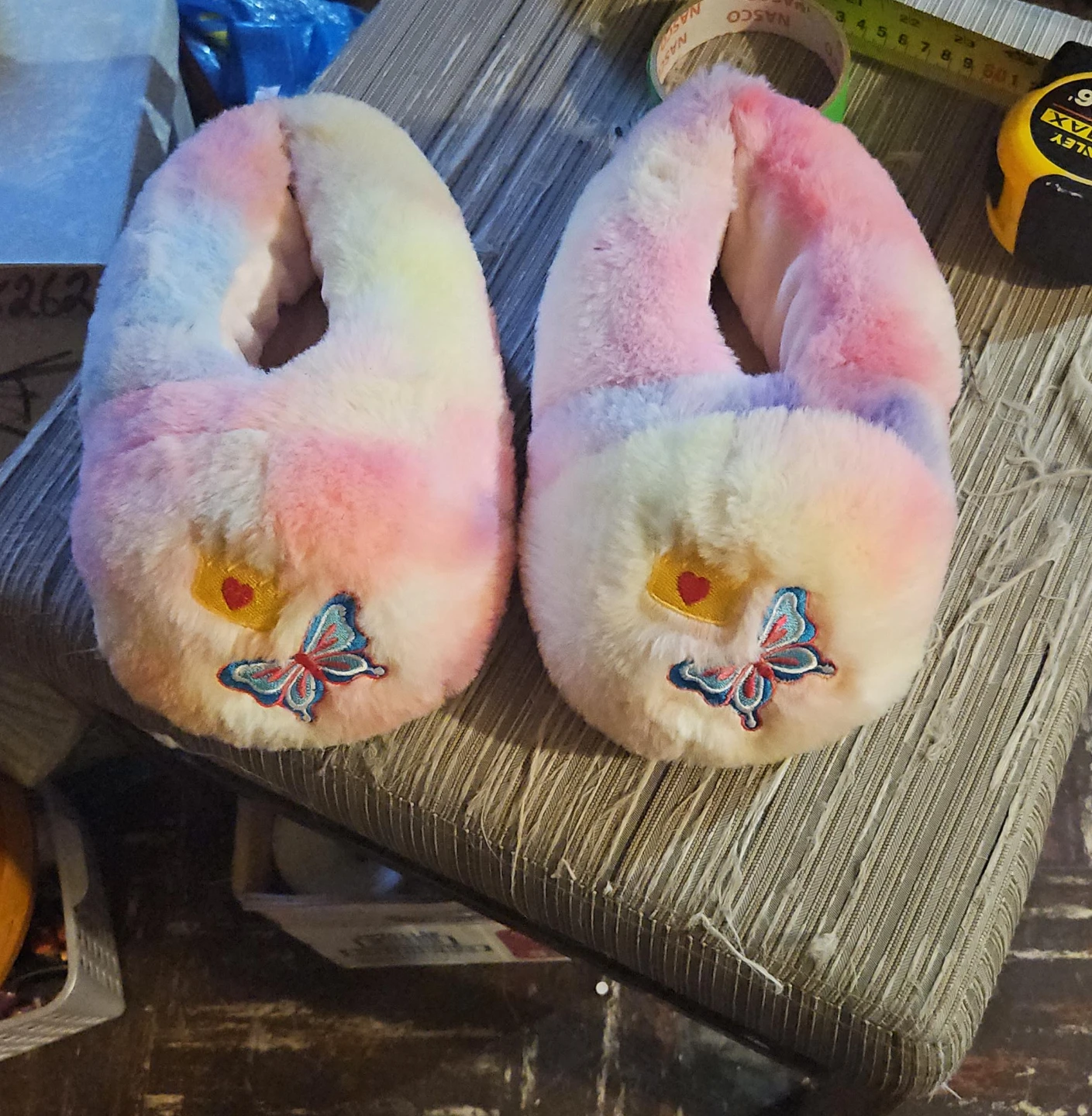 Tie-Dye Plush Slippers with Butterfly Embroidery
