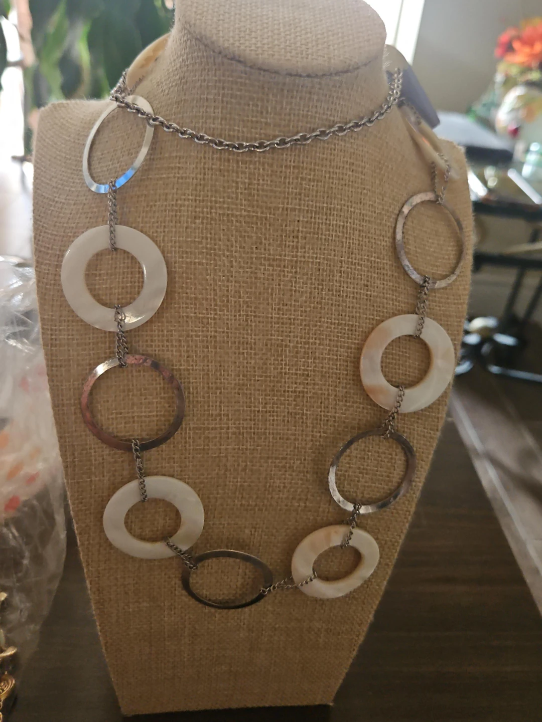 Silver Tone Necklace with White Round Pendants