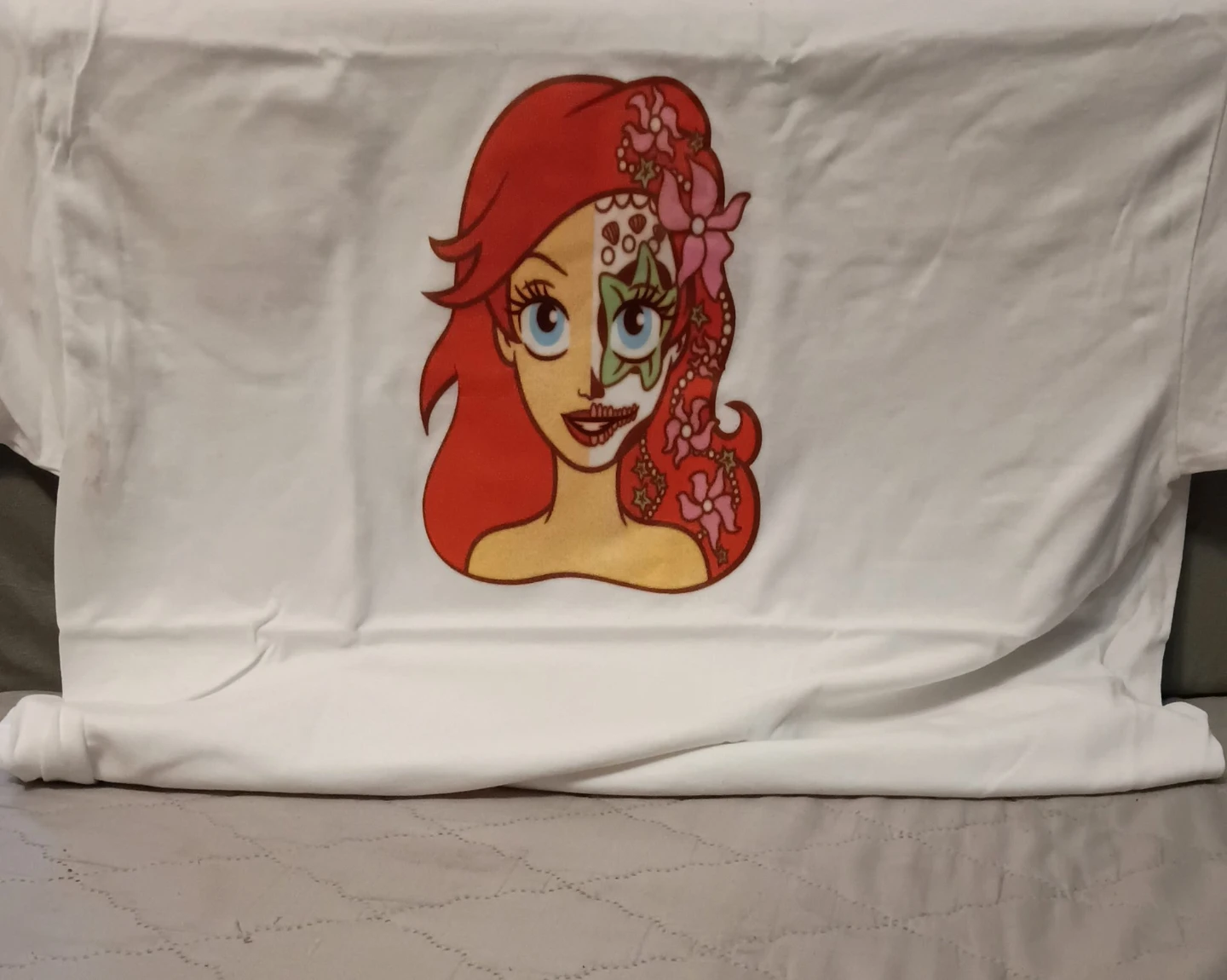 White T-Shirt with Ariel Day of the Dead Graphic