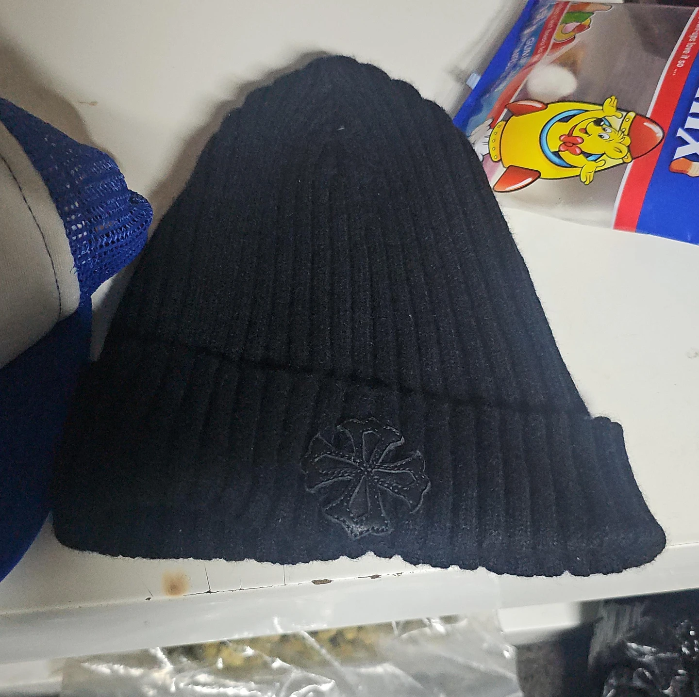 Black Knit Beanie with Flower Detail
