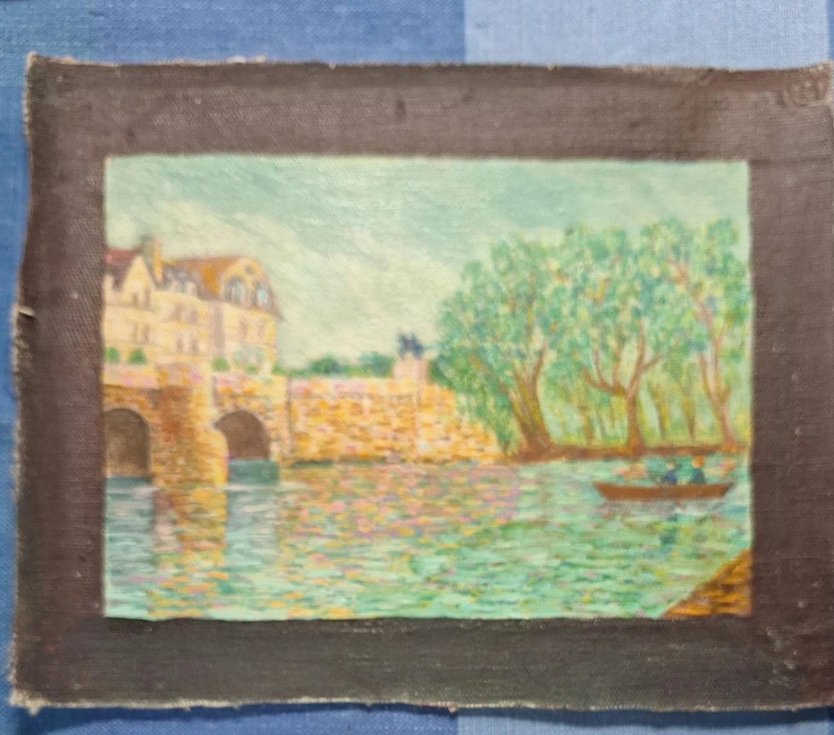 Vintage Landscape Painting - Bridge and River Scene