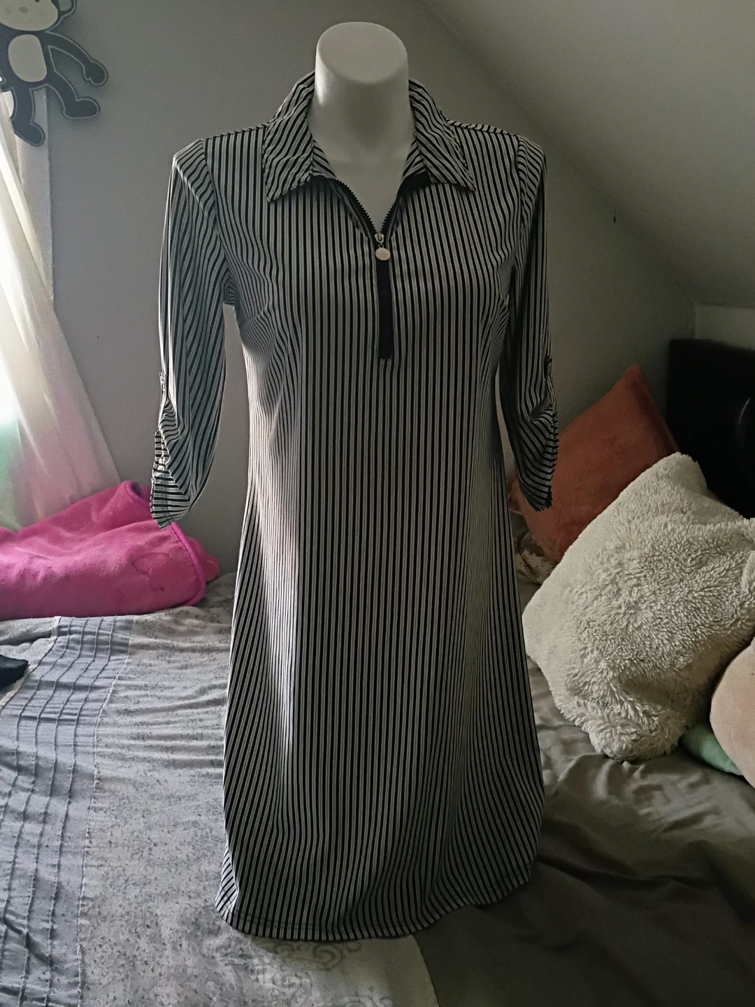 Striped Shirt Dress with Zipper Neckline
