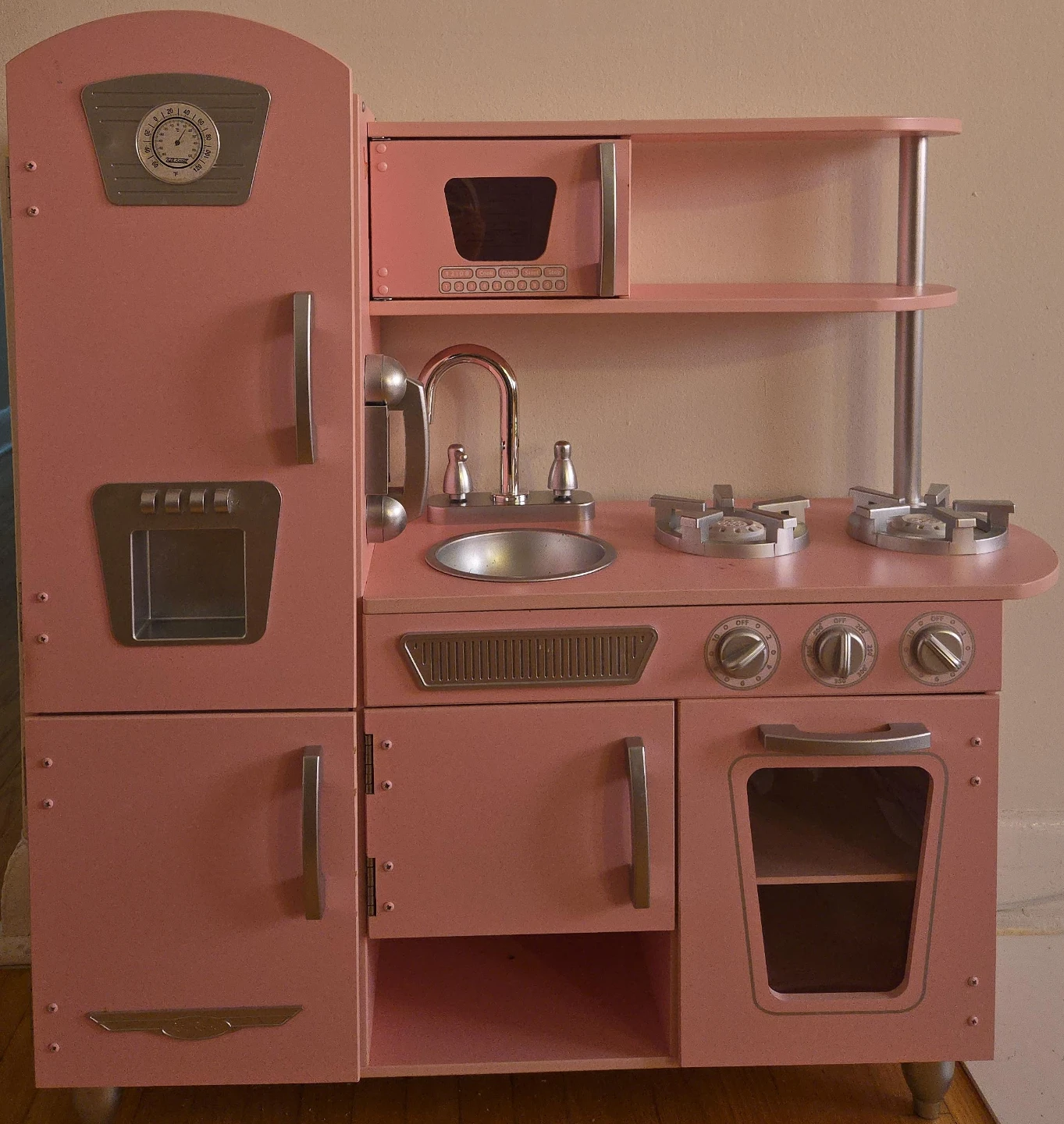 Pink Play Kitchen with Oven, Stove, Sink, and Microwave