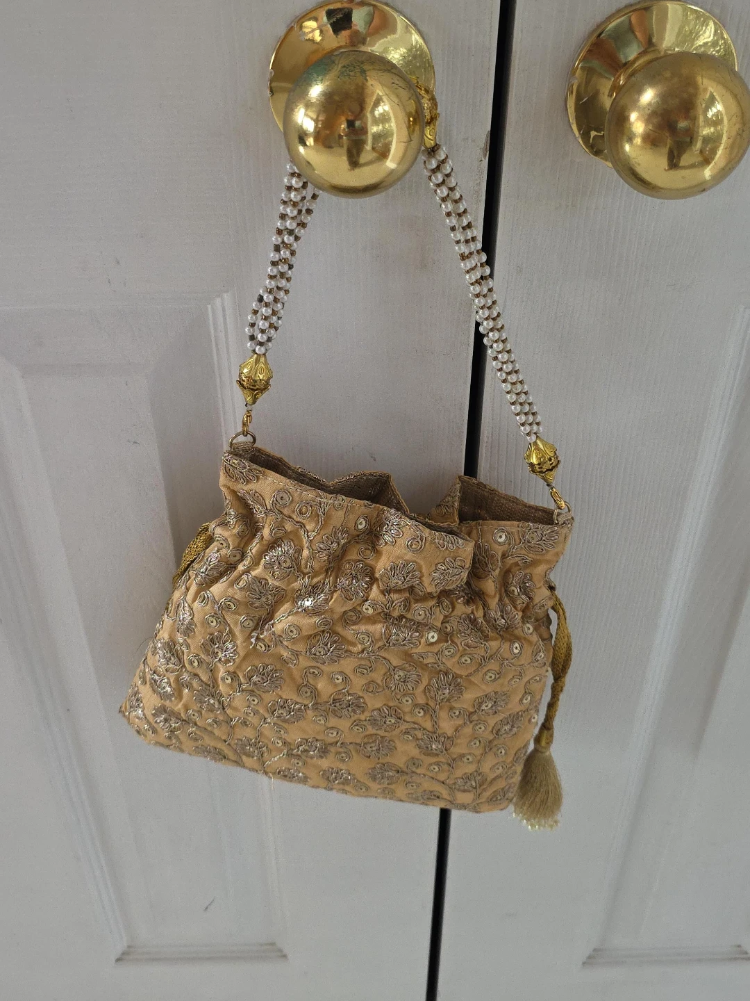 Embellished Drawstring Bag with Beaded Handle