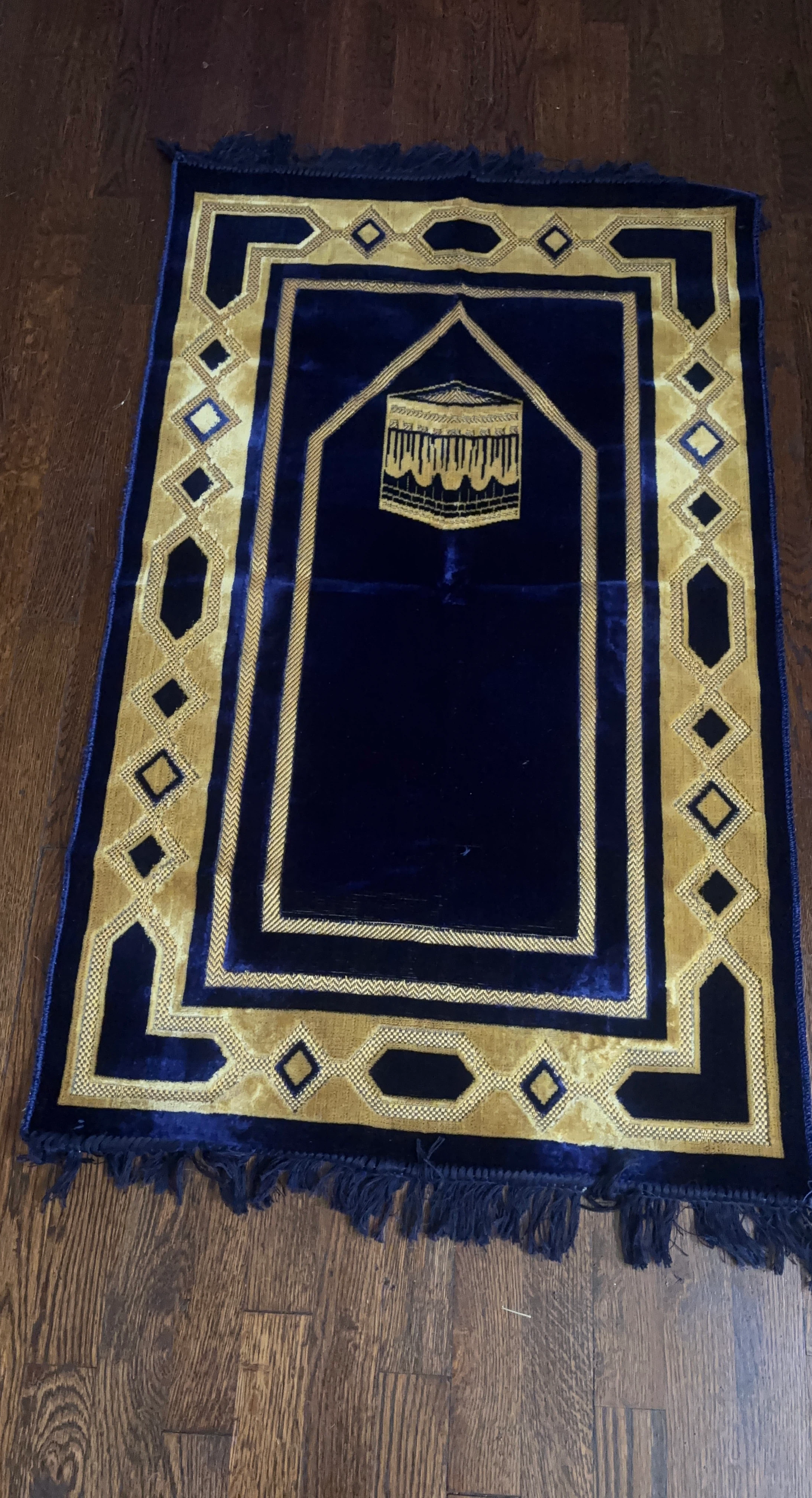 New Navy Blue Prayer Rug with Gold Kaaba Design